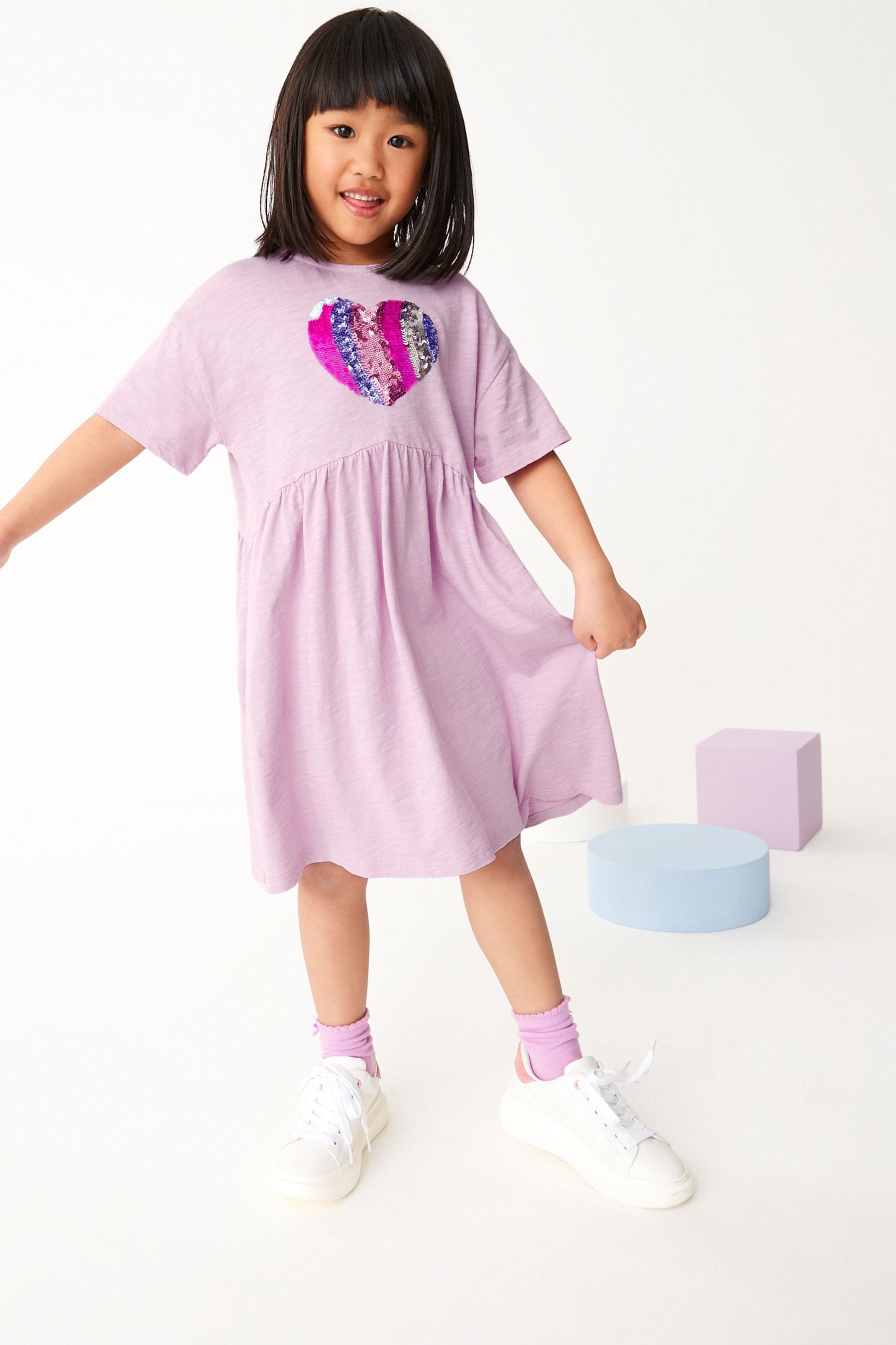 Lilac Purple Heart Sequin Short Sleeve Jersey Dress (3-16yrs)