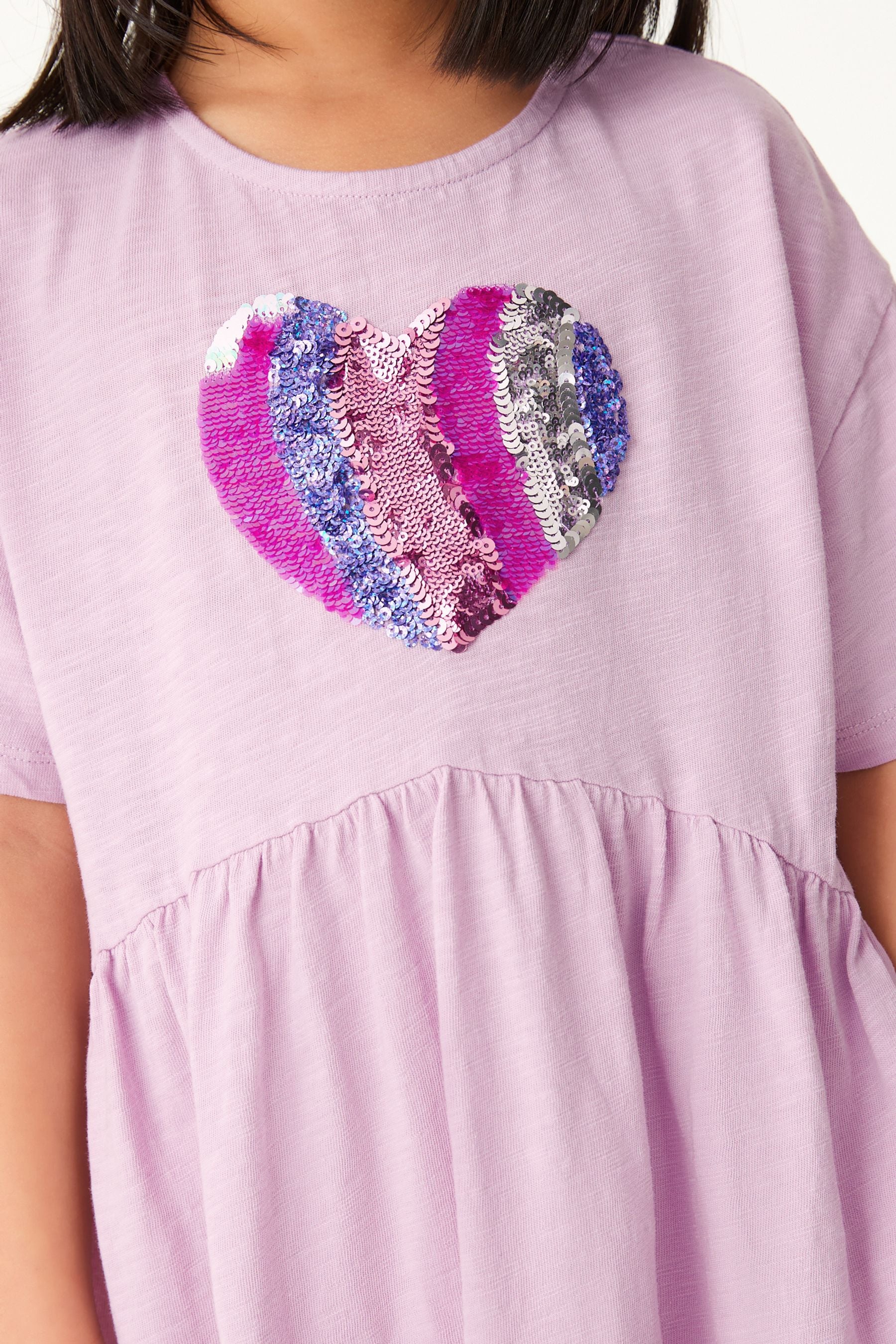 Lilac Purple Heart Sequin Short Sleeve Jersey Dress (3-16yrs)