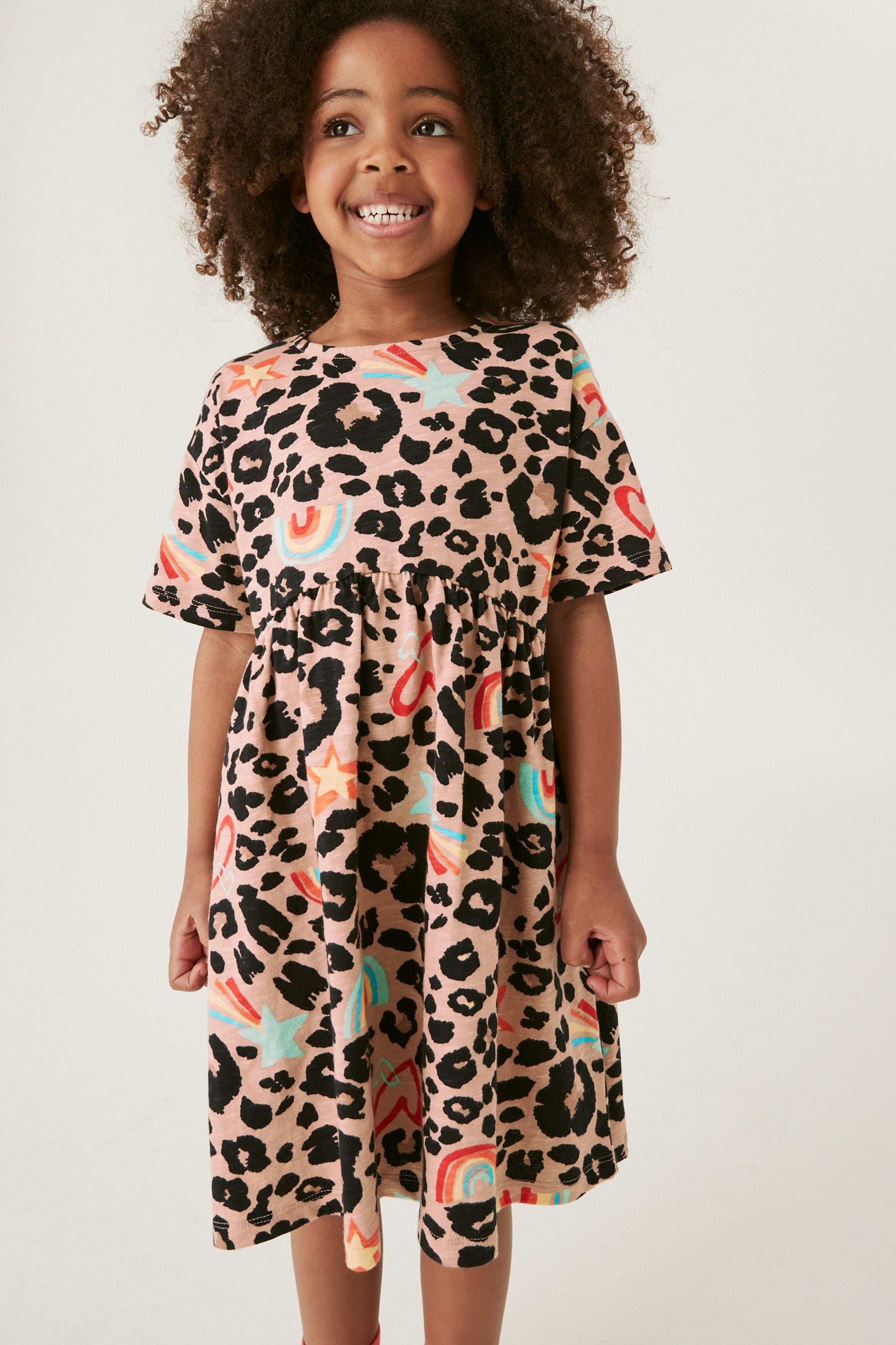 Animal/Hearts/Stars/Rainbow Print Short Sleeve Jersey Dress (3-16yrs)