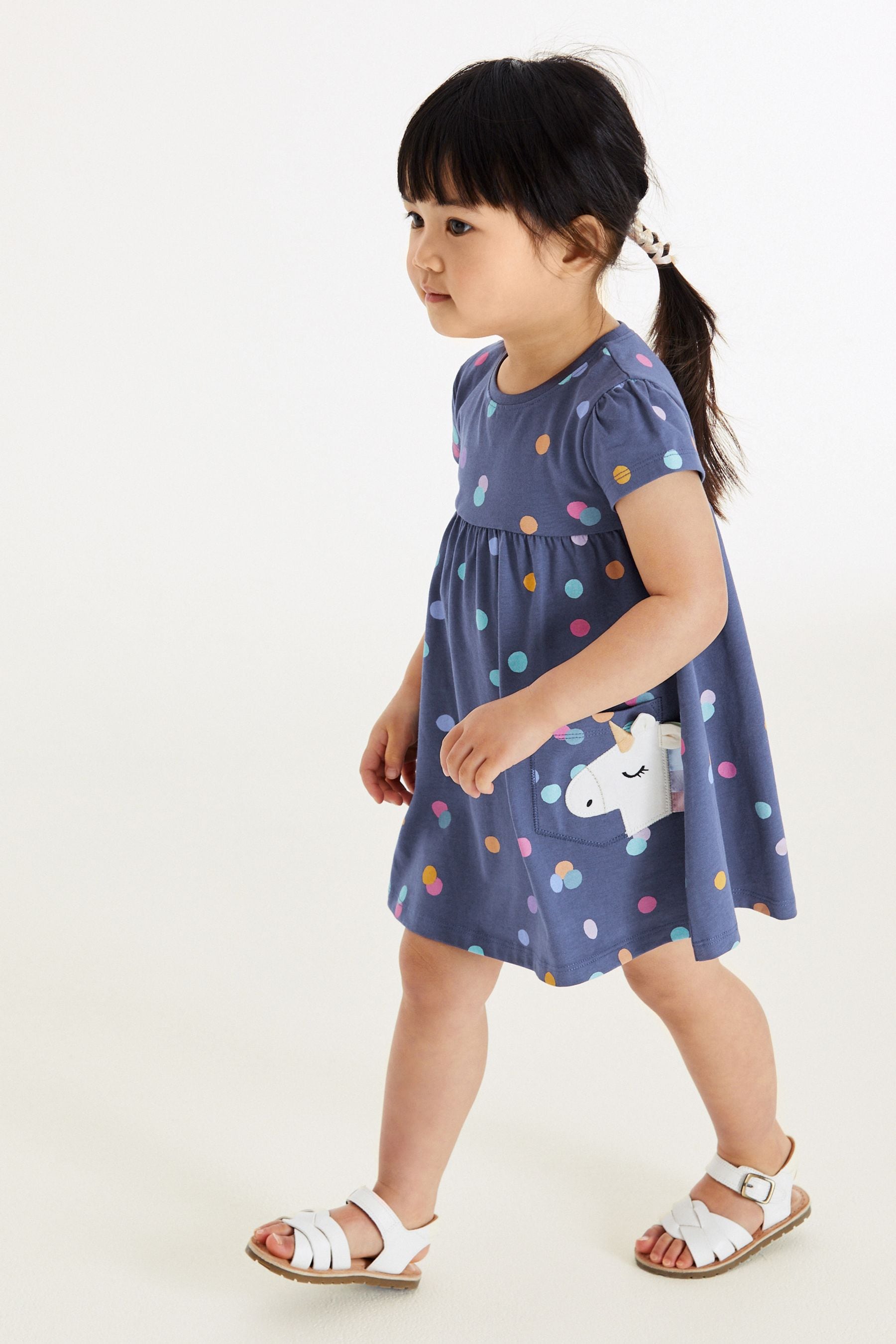 Navy Unicorn Short Sleeve Cotton Jersey Dress (3mths-7yrs)