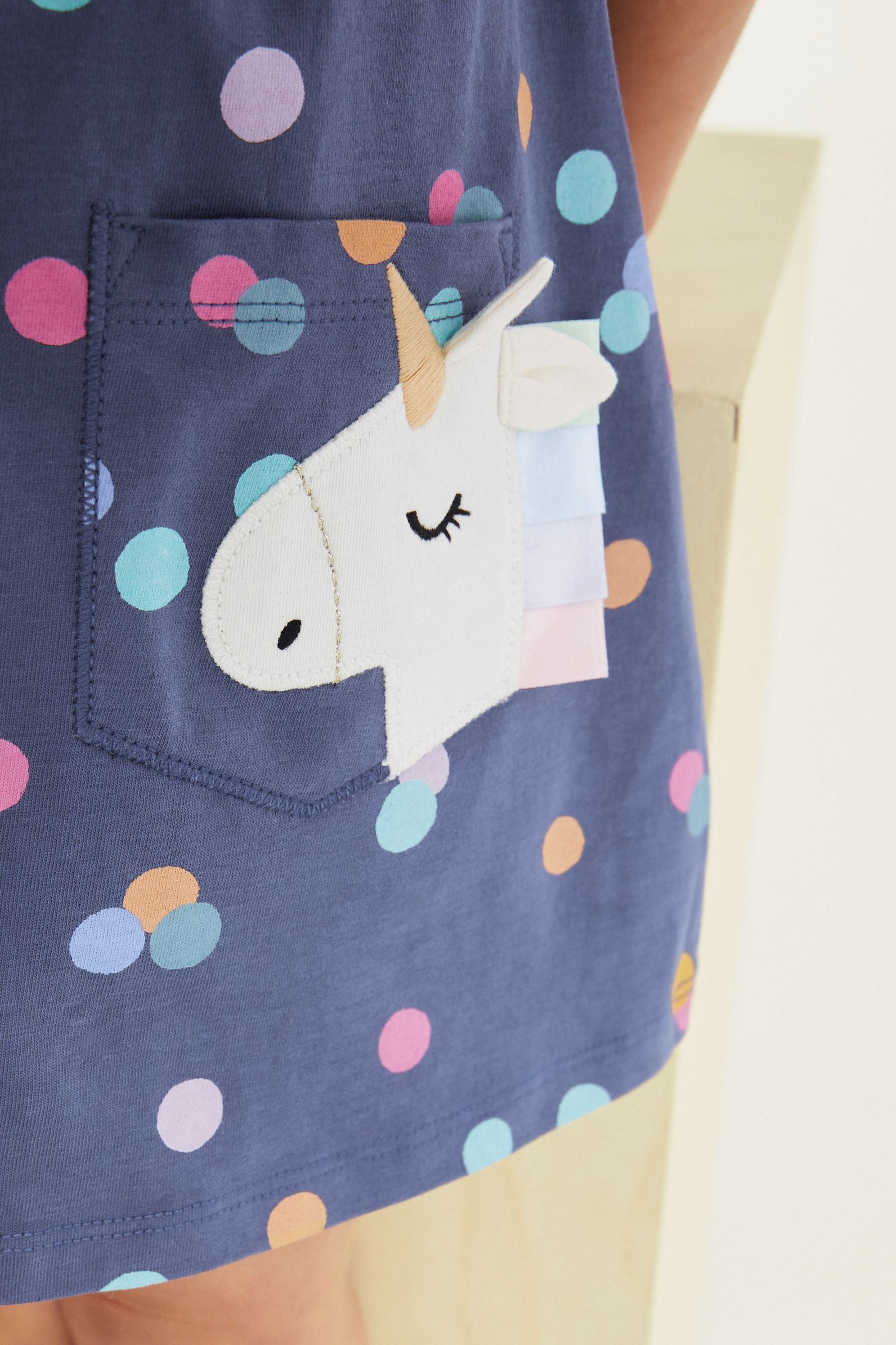 Navy Unicorn Short Sleeve Cotton Jersey Dress (3mths-7yrs)