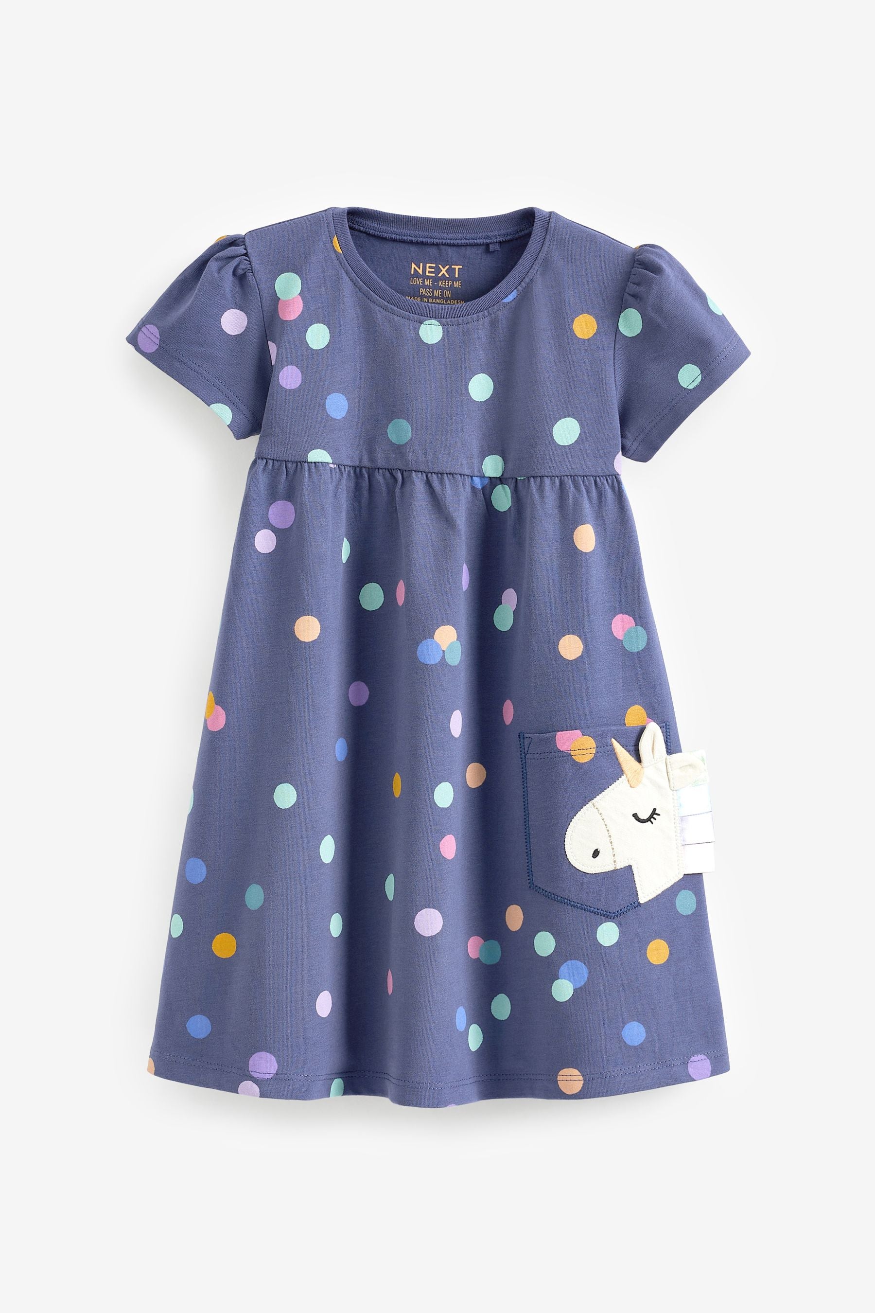 Navy Unicorn Short Sleeve Cotton Jersey Dress (3mths-7yrs)