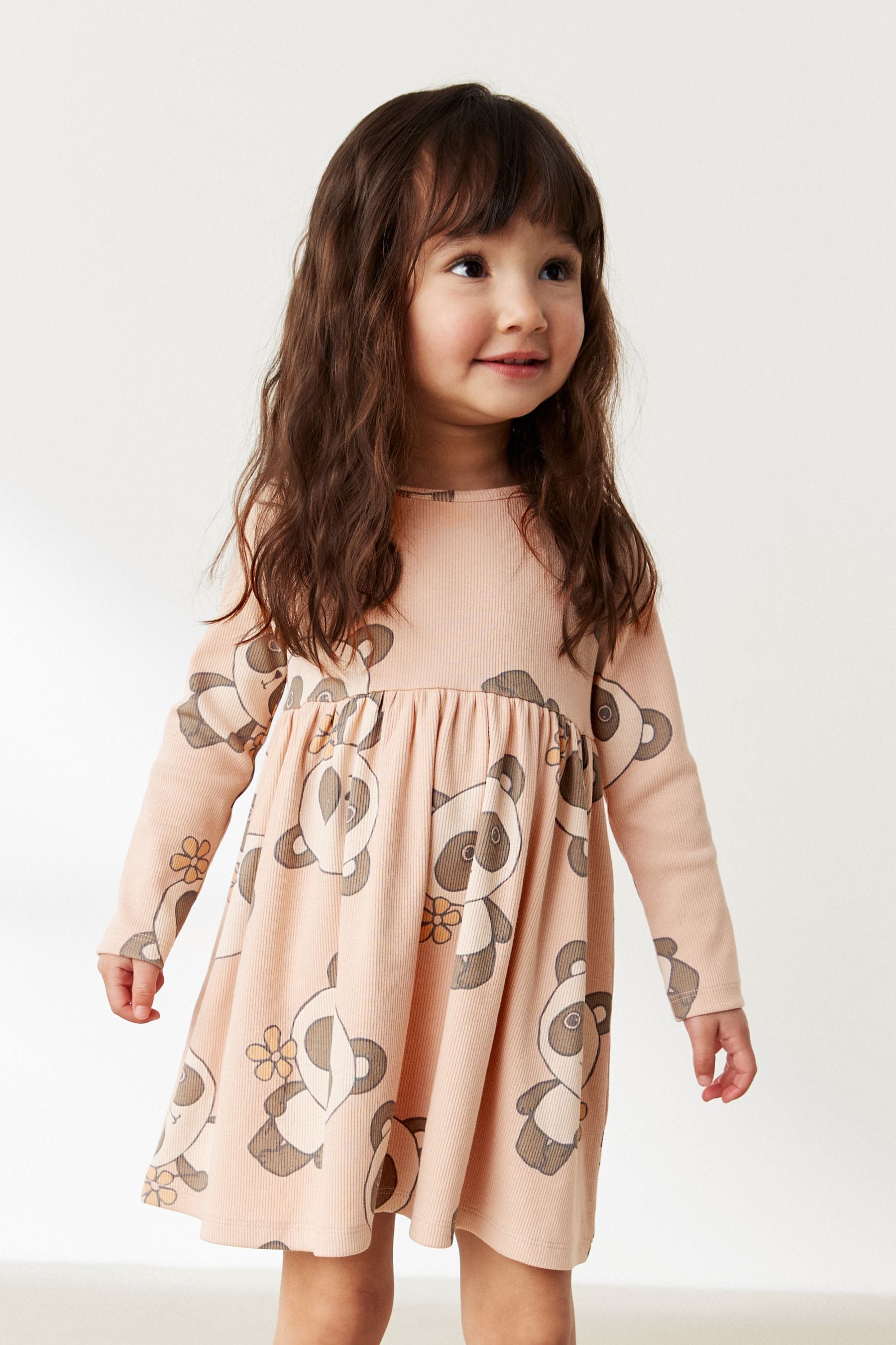 Cream Panda Long Sleeve Ribbed Jersey Dress (3mths-7yrs)