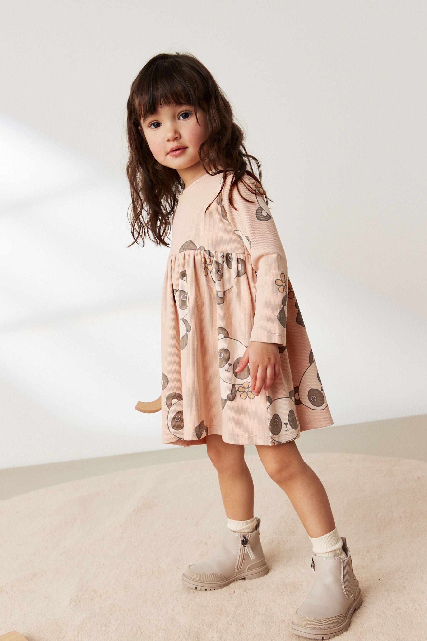 Cream Panda Long Sleeve Ribbed Jersey Dress (3mths-7yrs)