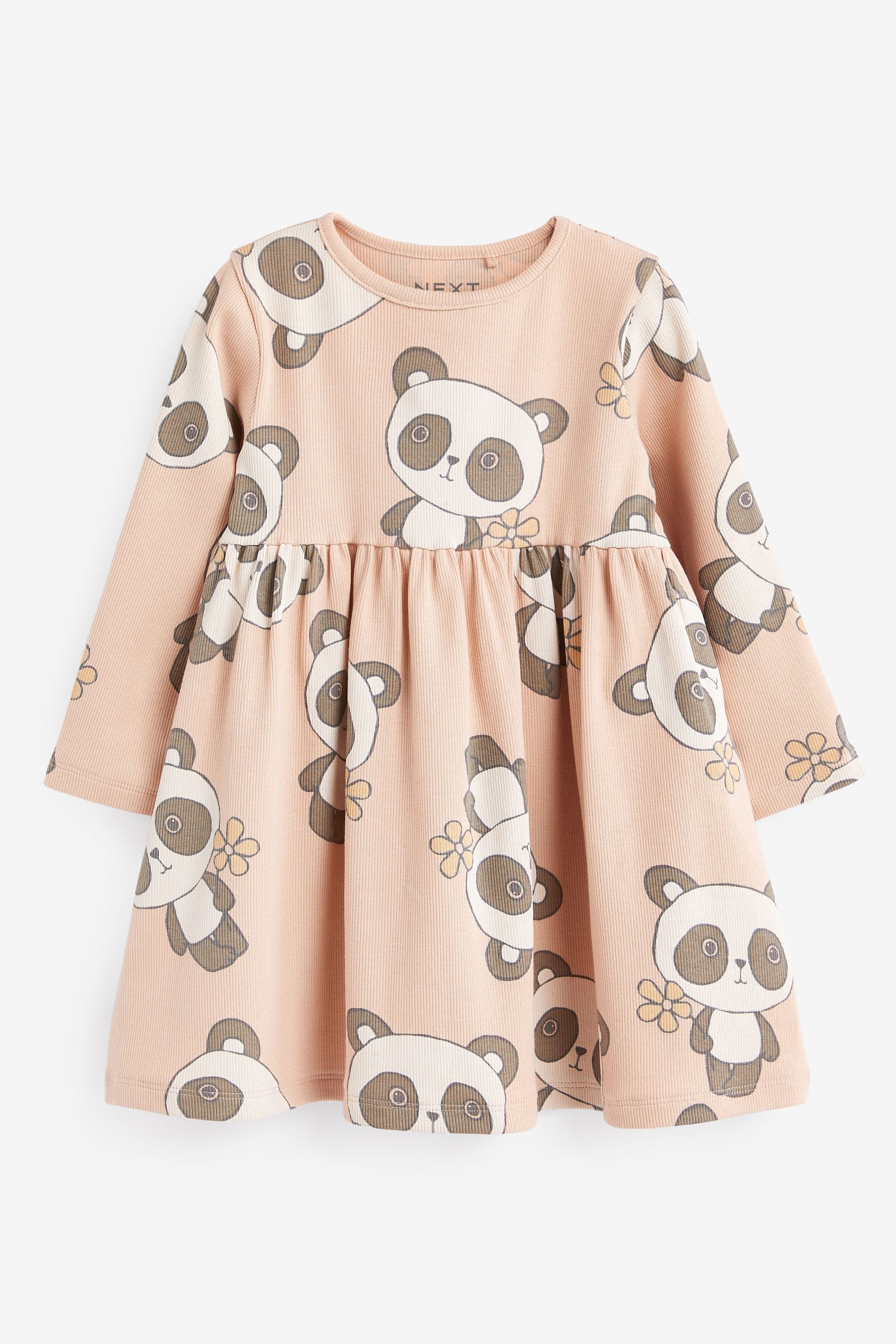 Cream Panda Long Sleeve Ribbed Jersey Dress (3mths-7yrs)