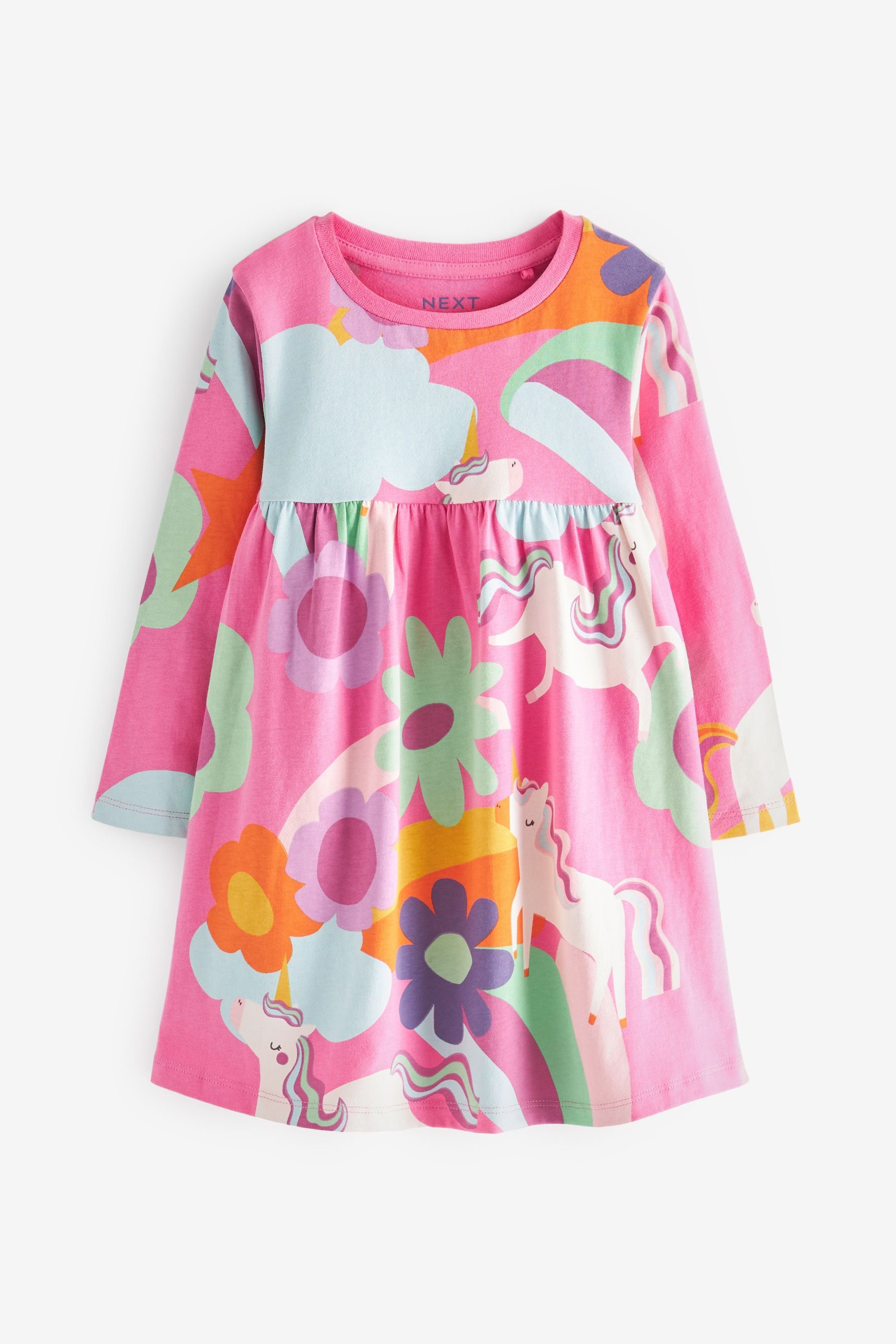 Pink Unicorn Long Sleeve Jersey Dress (3mths-7yrs)