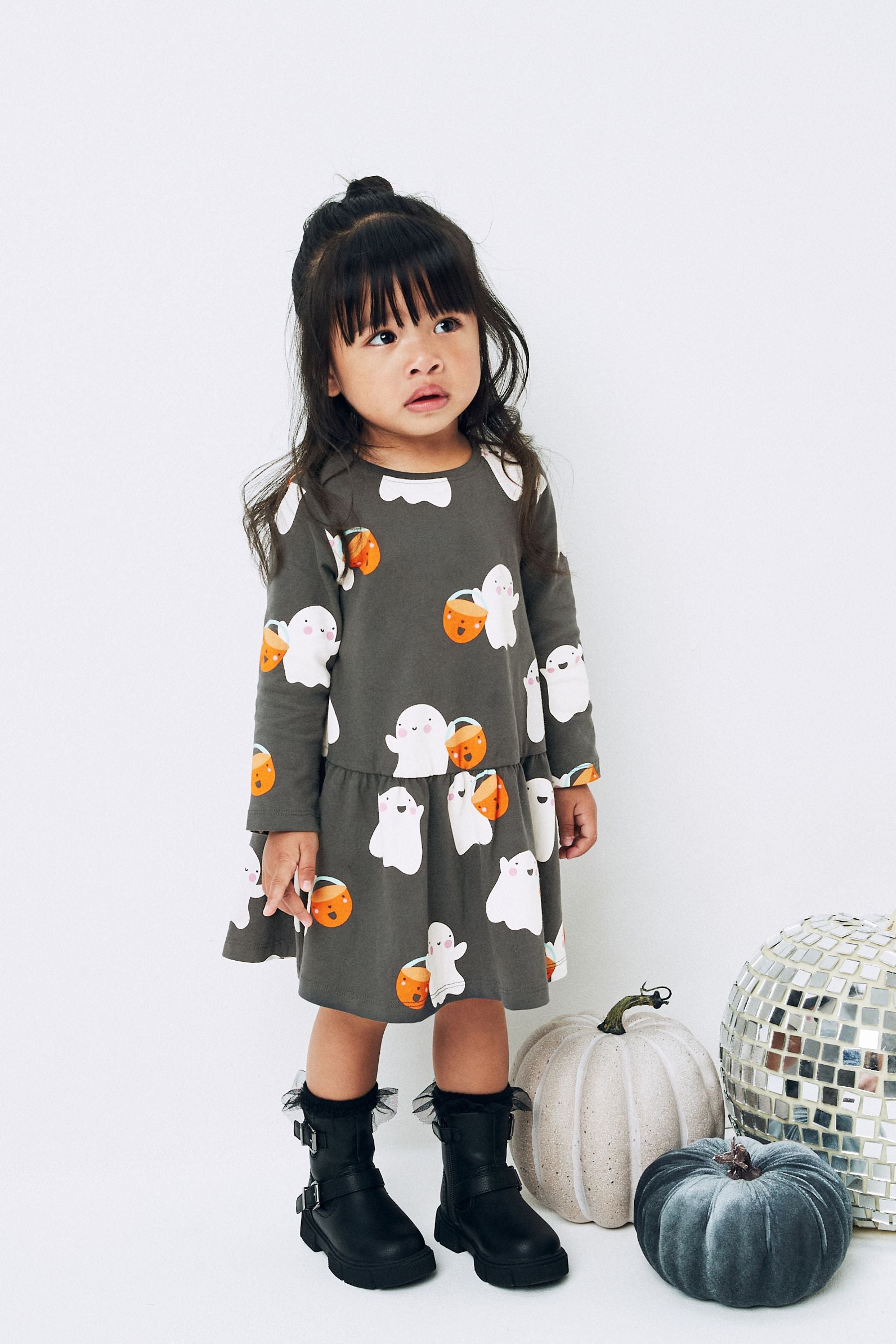 Ghosts Black Halloween Jersey Dress (3mths-7yrs)