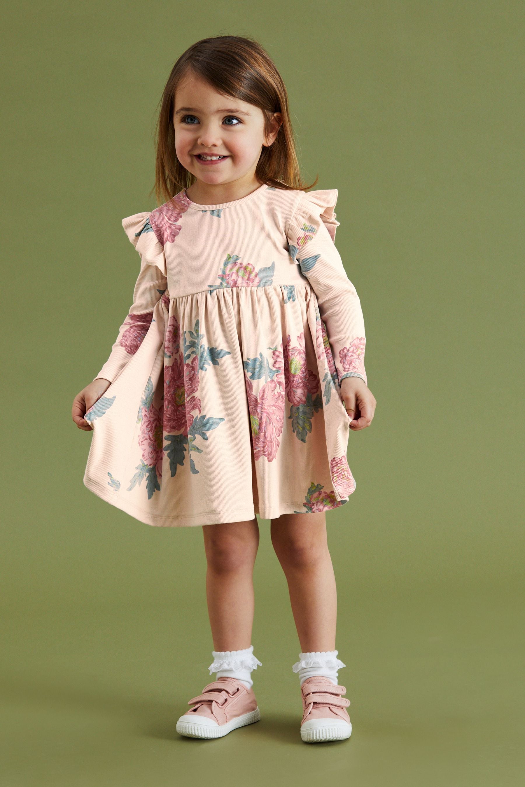 Cream Floral Long Sleeve Ribbed Jersey Dress (3mths-7yrs)