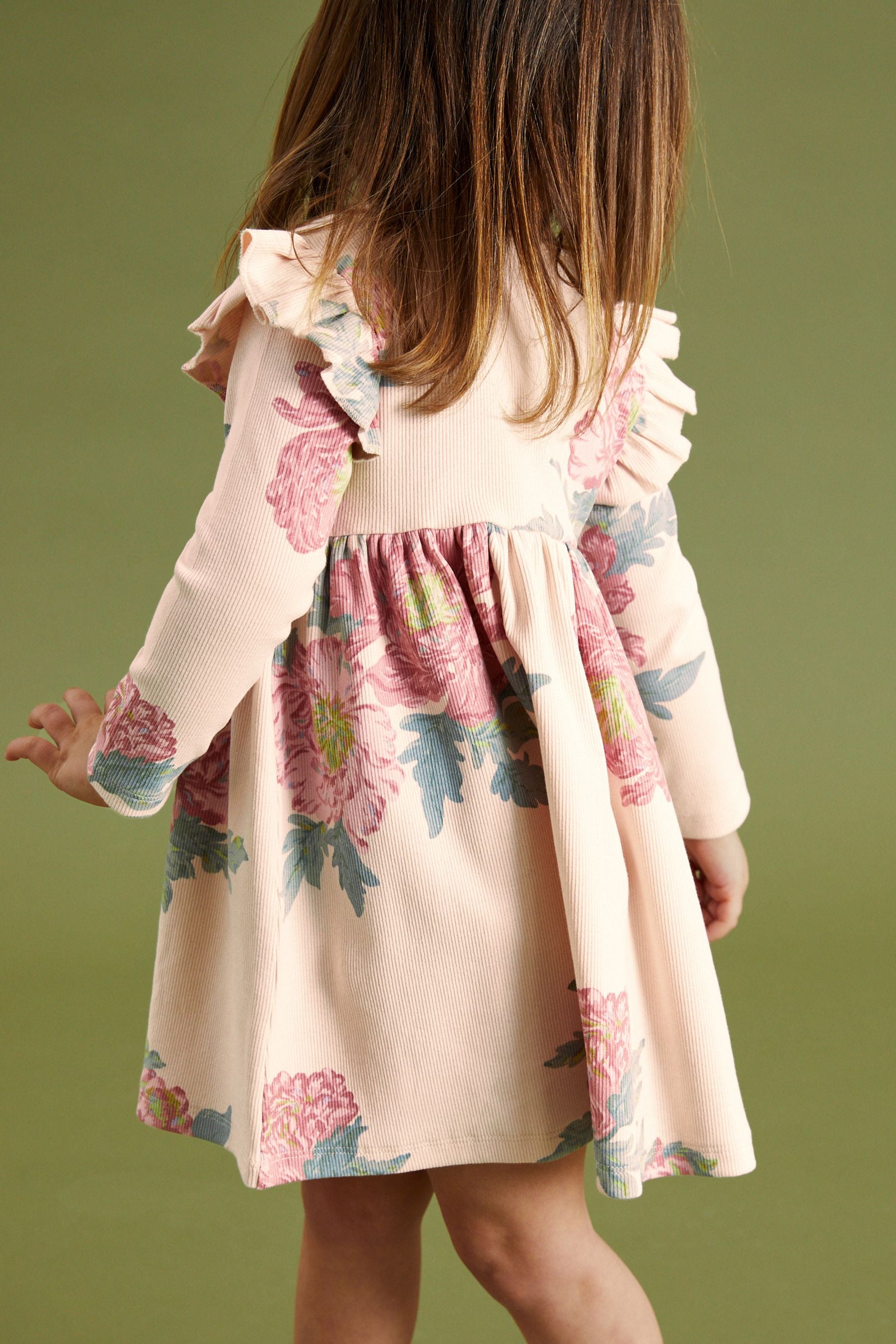 Cream Floral Long Sleeve Ribbed Jersey Dress (3mths-7yrs)