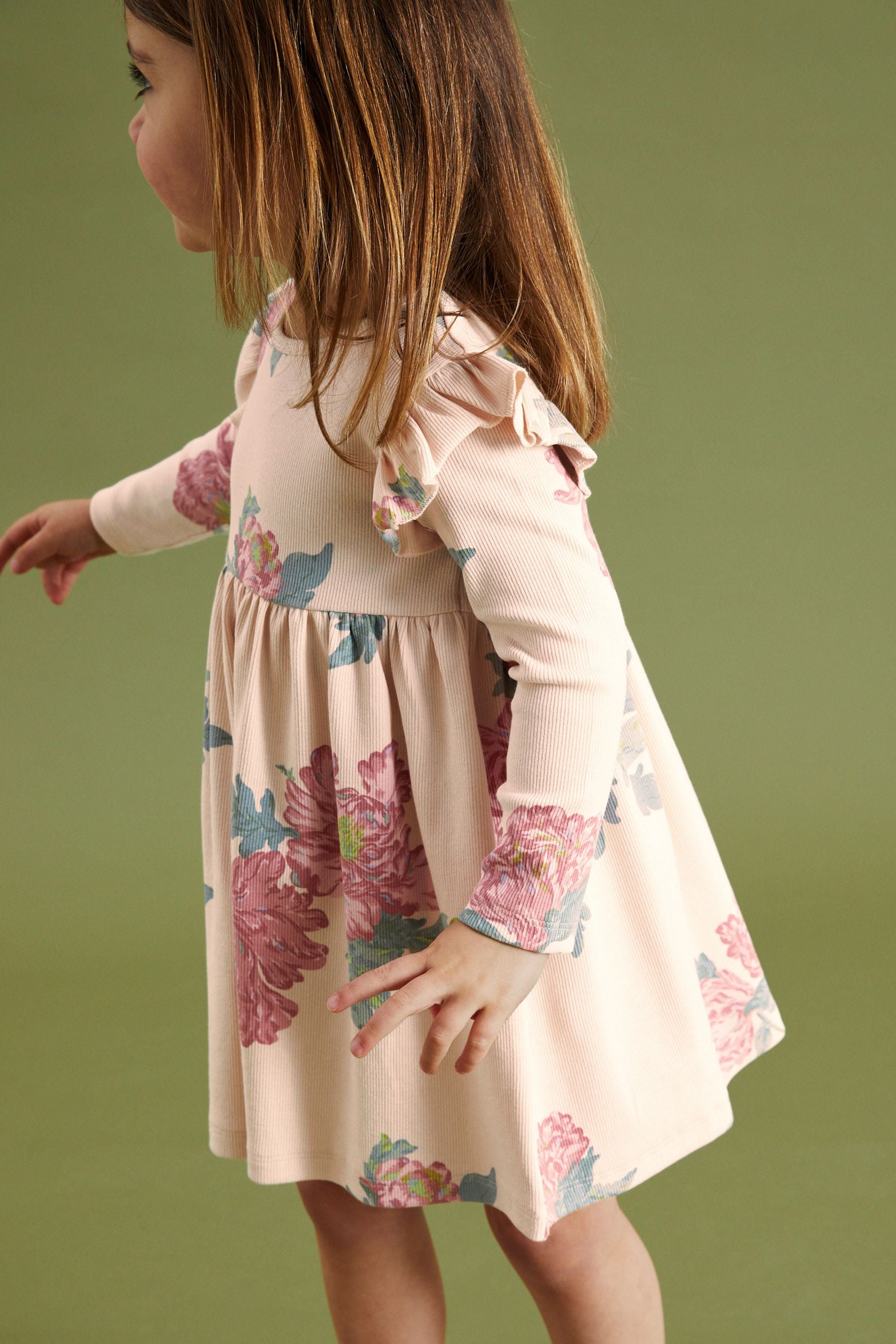 Cream Floral Long Sleeve Ribbed Jersey Dress (3mths-7yrs)