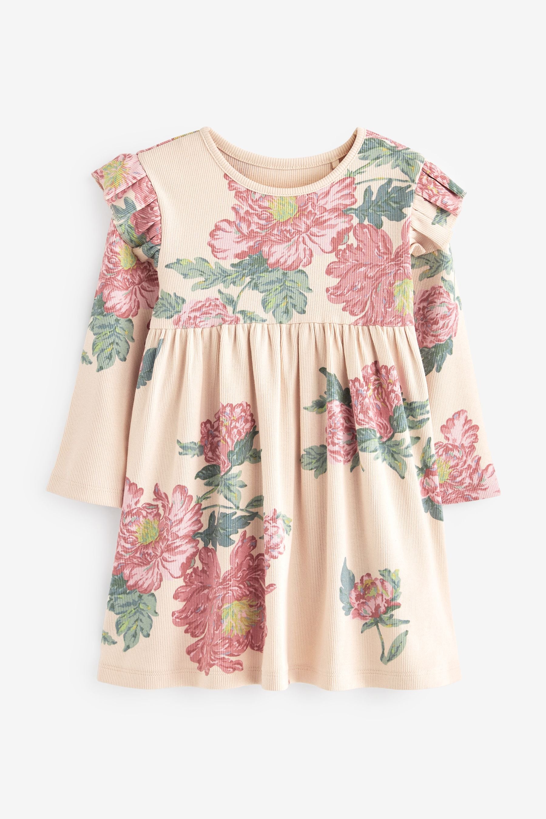 Cream Floral Long Sleeve Ribbed Jersey Dress (3mths-7yrs)