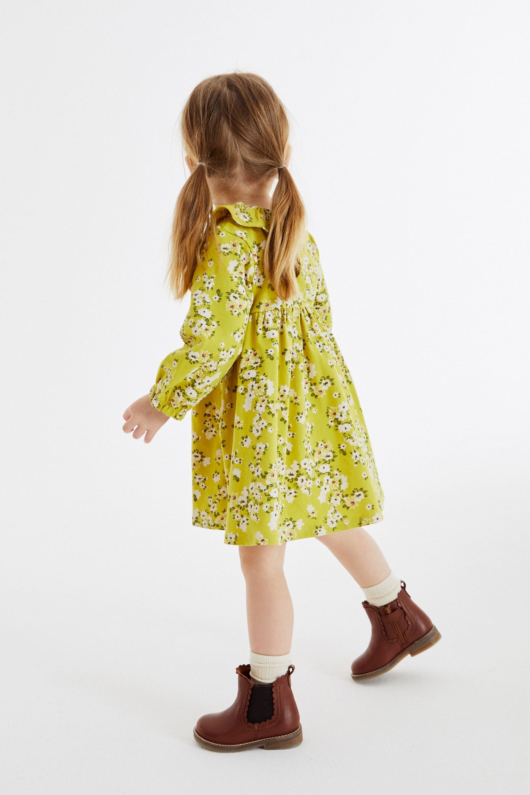 Green Floral Frill Collar Long Sleeve Tea Dress (3mths-7yrs)