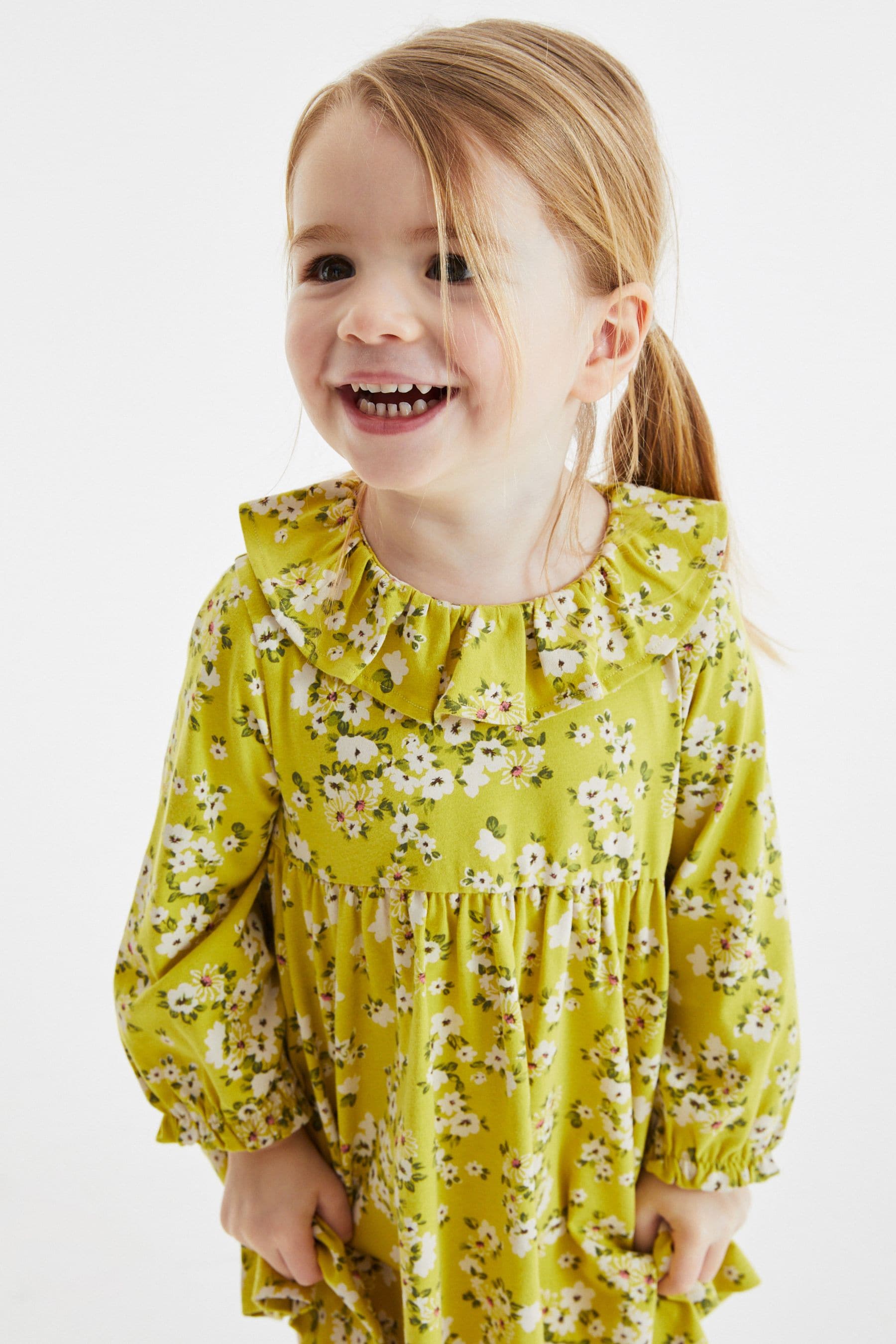 Green Floral Frill Collar Long Sleeve Tea Dress (3mths-7yrs)