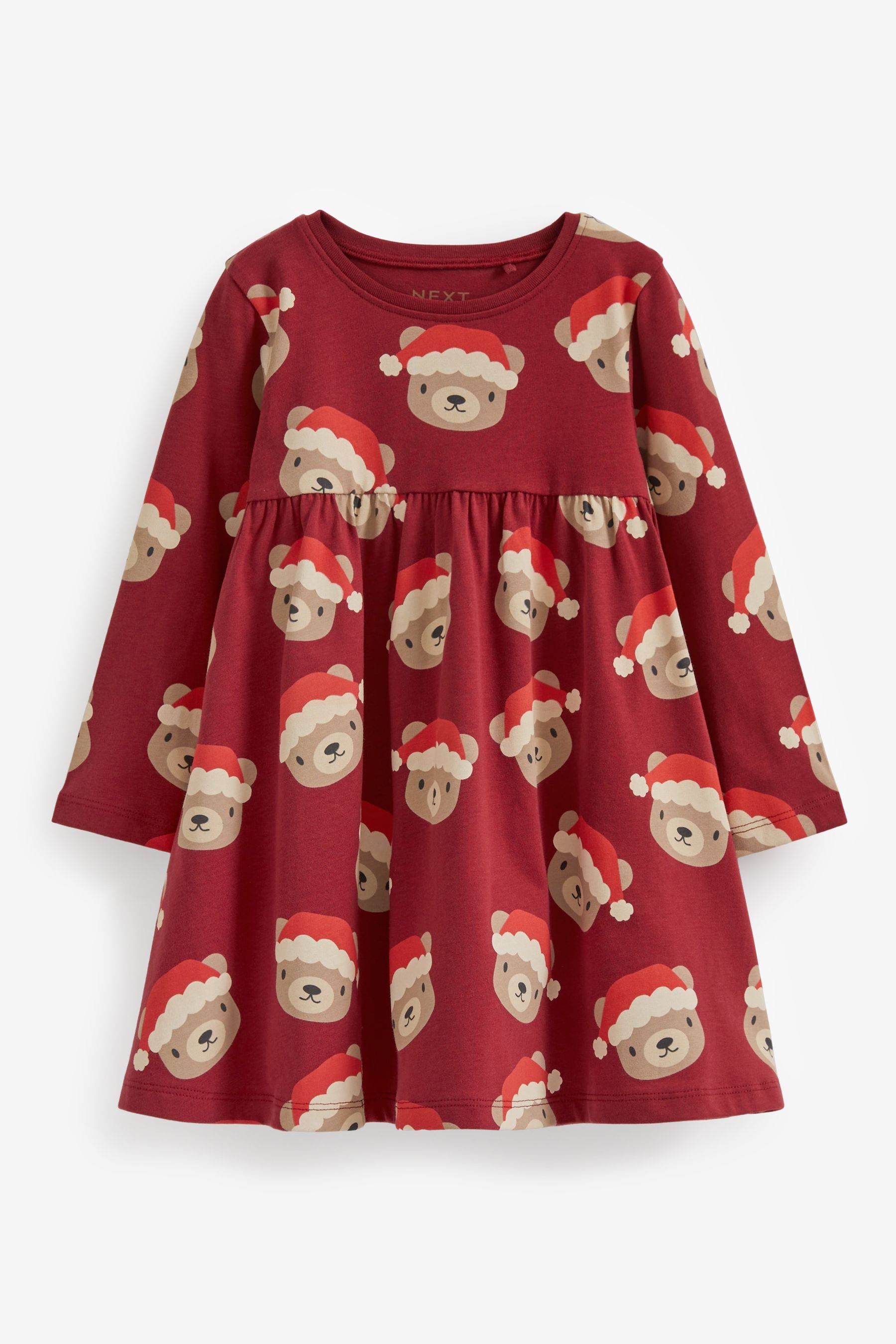 Red Teddy Bear Christmas Long Sleeve Jersey Dress (3mths-7yrs)