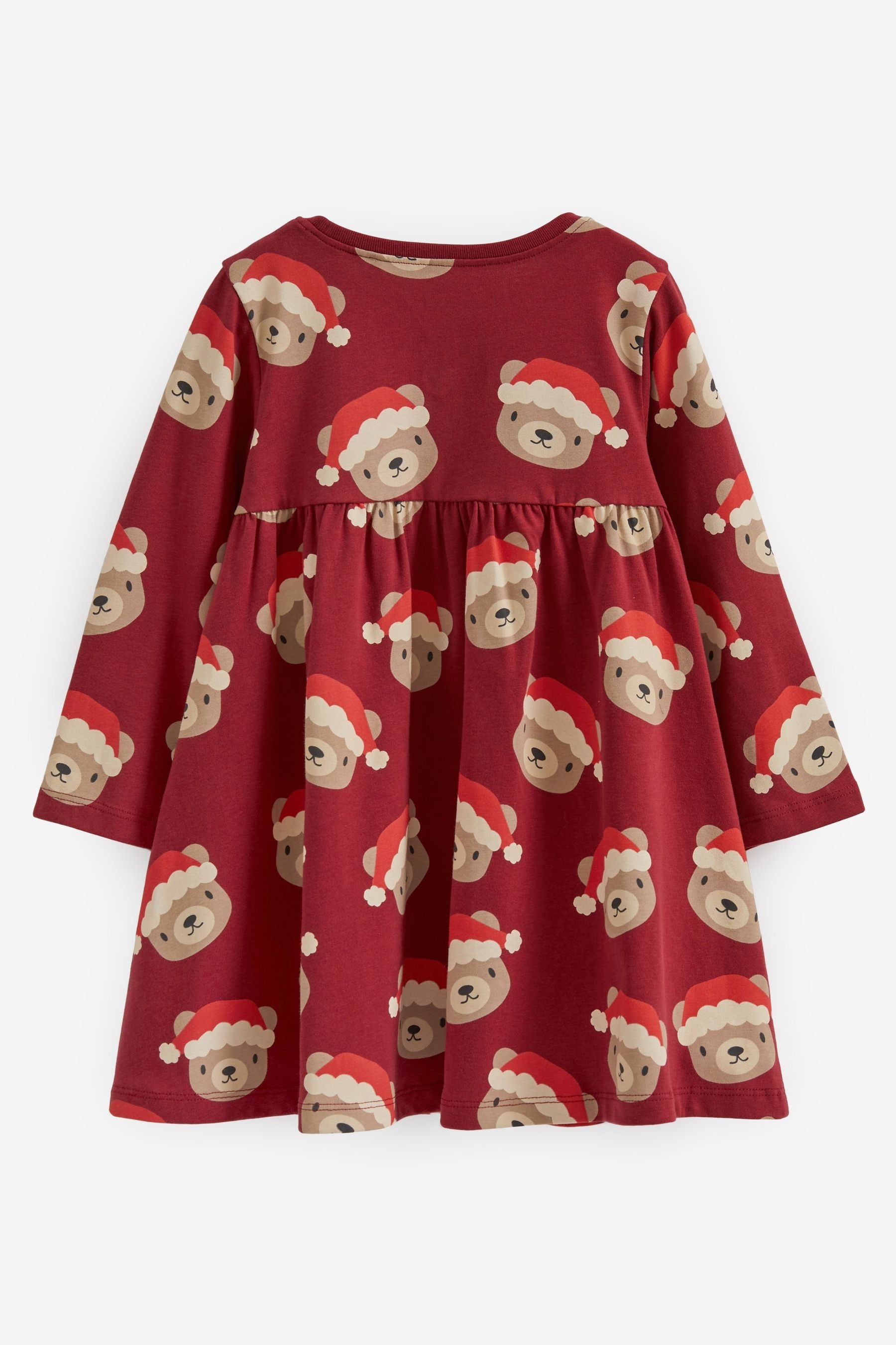 Red Teddy Bear Christmas Long Sleeve Jersey Dress (3mths-7yrs)