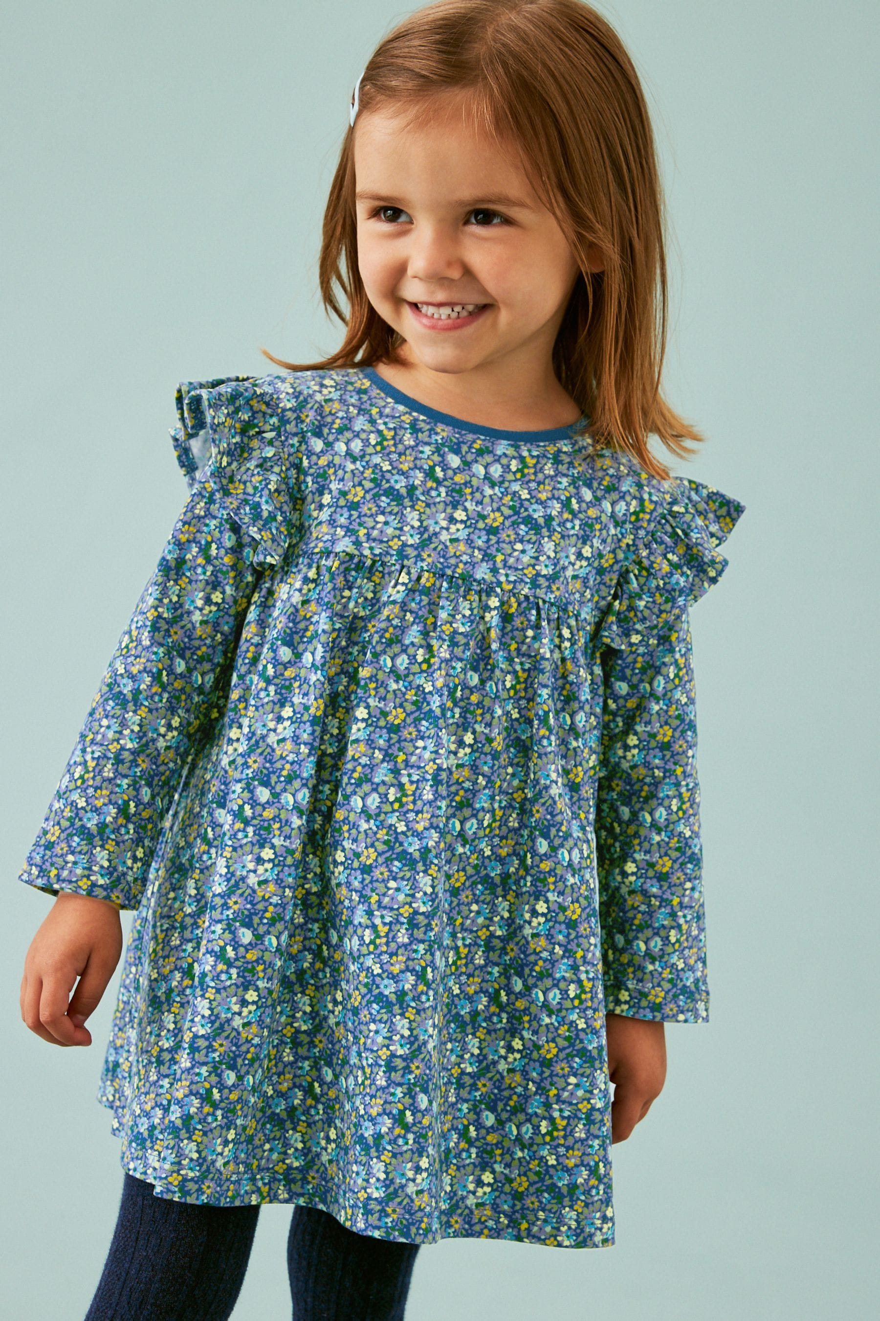 Blue Ditsy Long Sleeve Jersey Dress (3mths-7yrs)