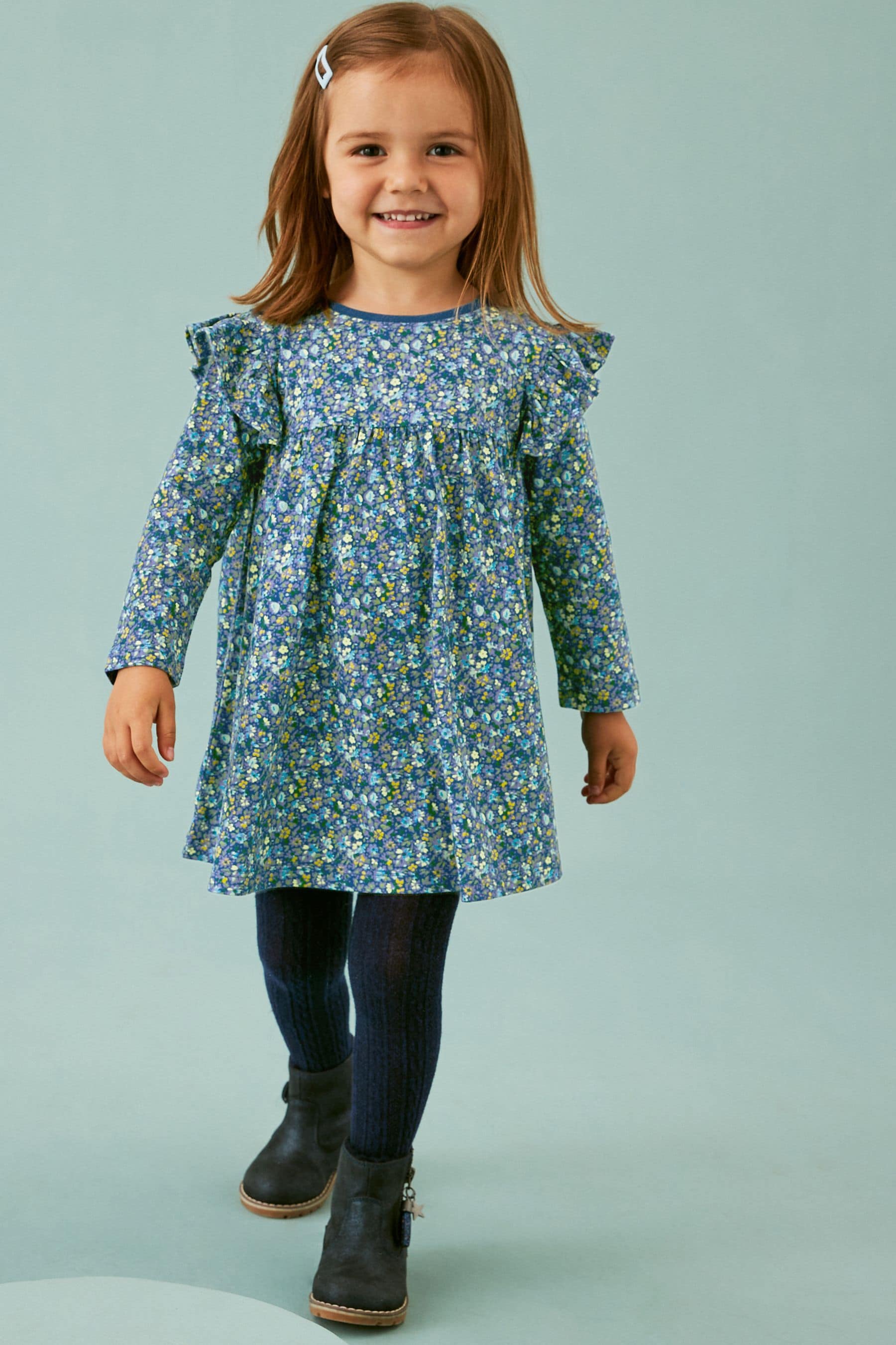 Blue Ditsy Long Sleeve Jersey Dress (3mths-7yrs)