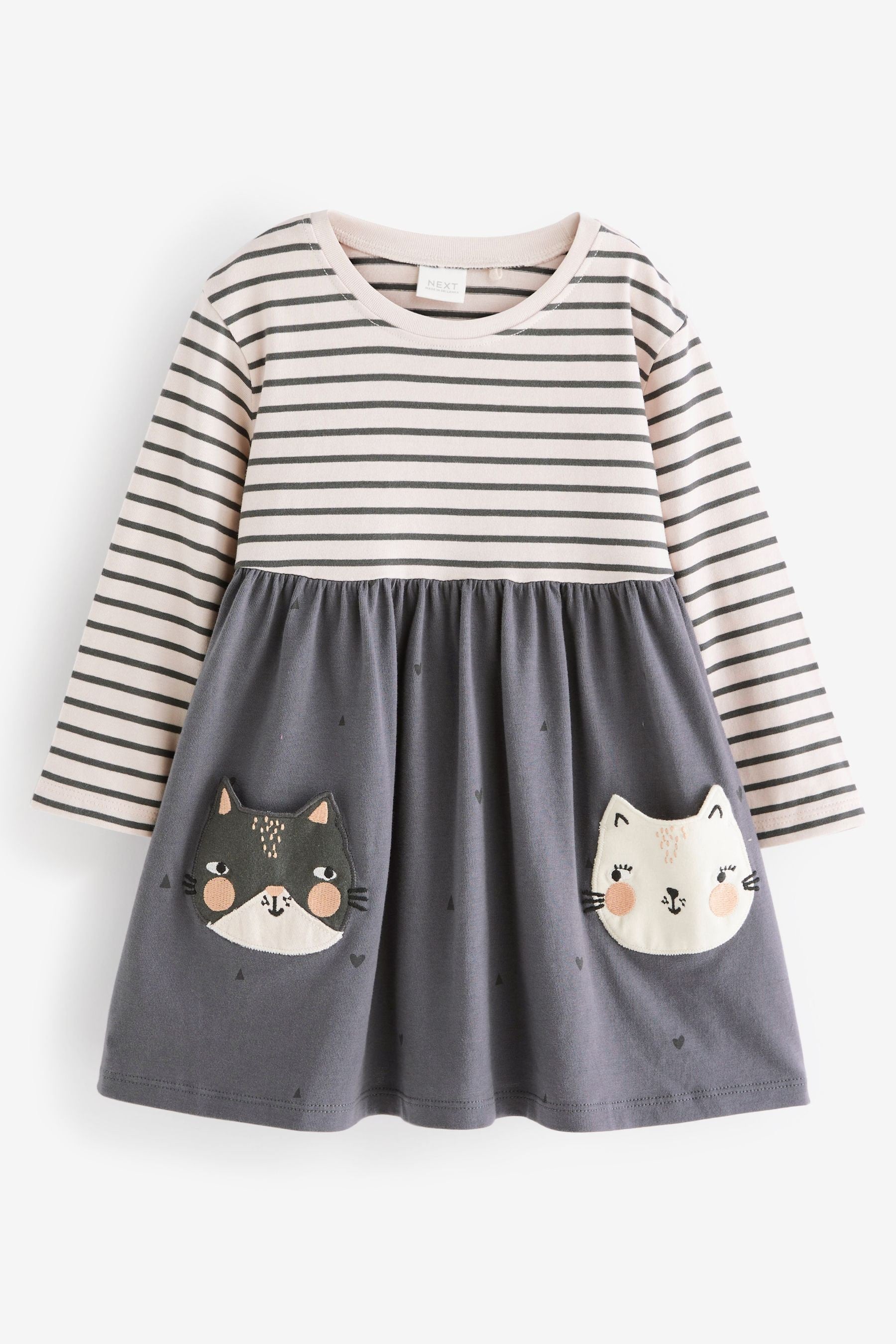 Monochrome Cat Long Sleeve Appliquééé Jersey Dress (3mths-7yrs)