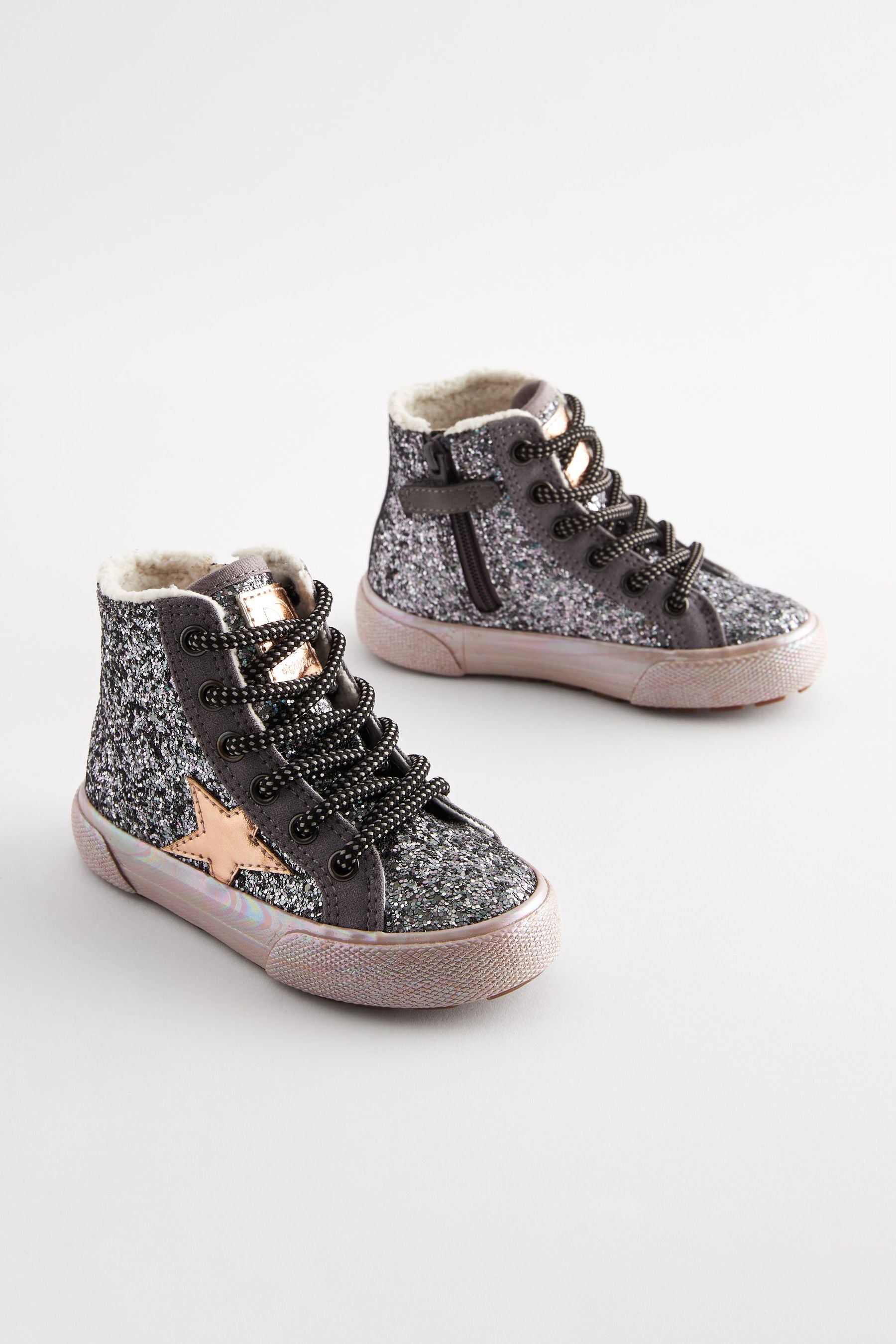 Pewter Grey Glitter Glitter Fleece Lined Lace-Up High Top Trainers