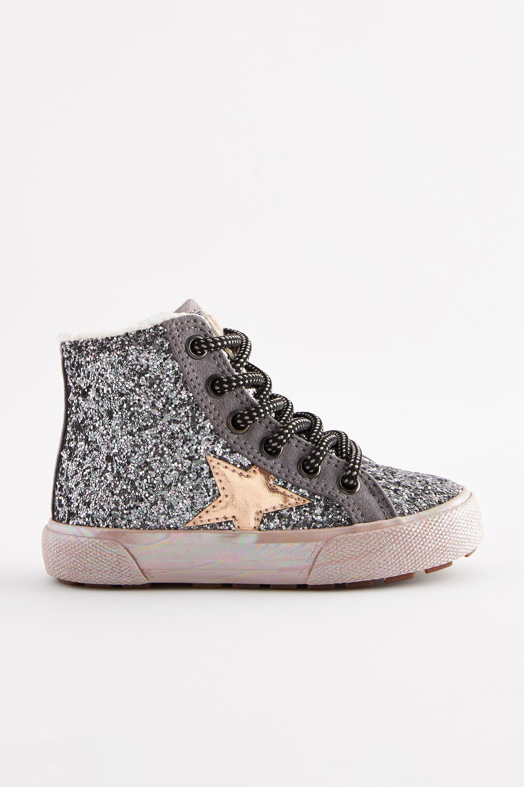 Pewter Grey Glitter Glitter Fleece Lined Lace-Up High Top Trainers