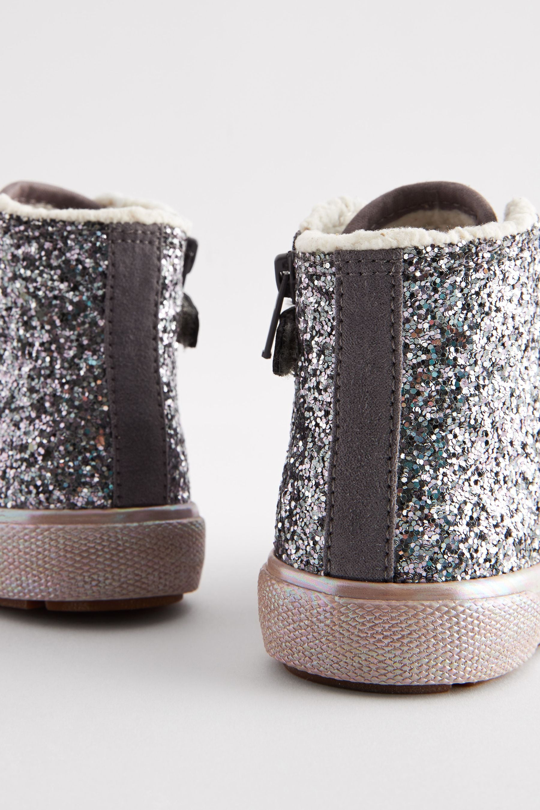 Pewter Grey Glitter Glitter Fleece Lined Lace-Up High Top Trainers