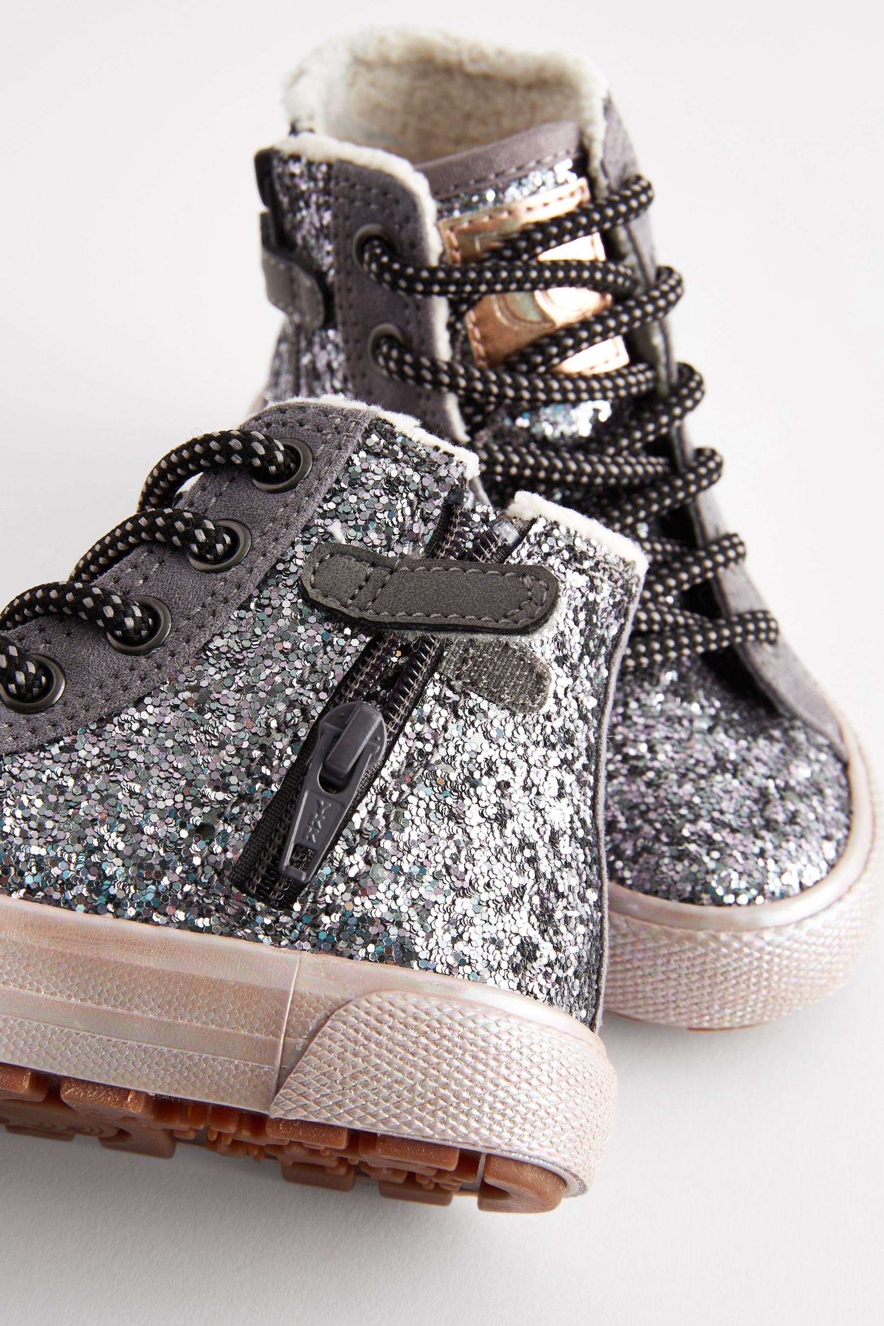 Pewter Grey Glitter Glitter Fleece Lined Lace-Up High Top Trainers