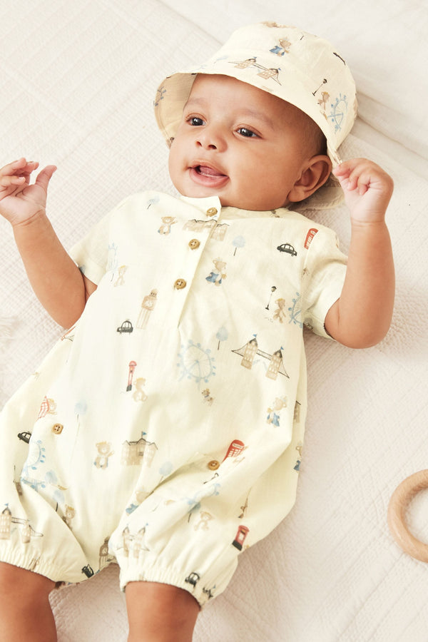 Cream 2 Piece Woven London Print Playsuit and Hat (0mths-2yrs)