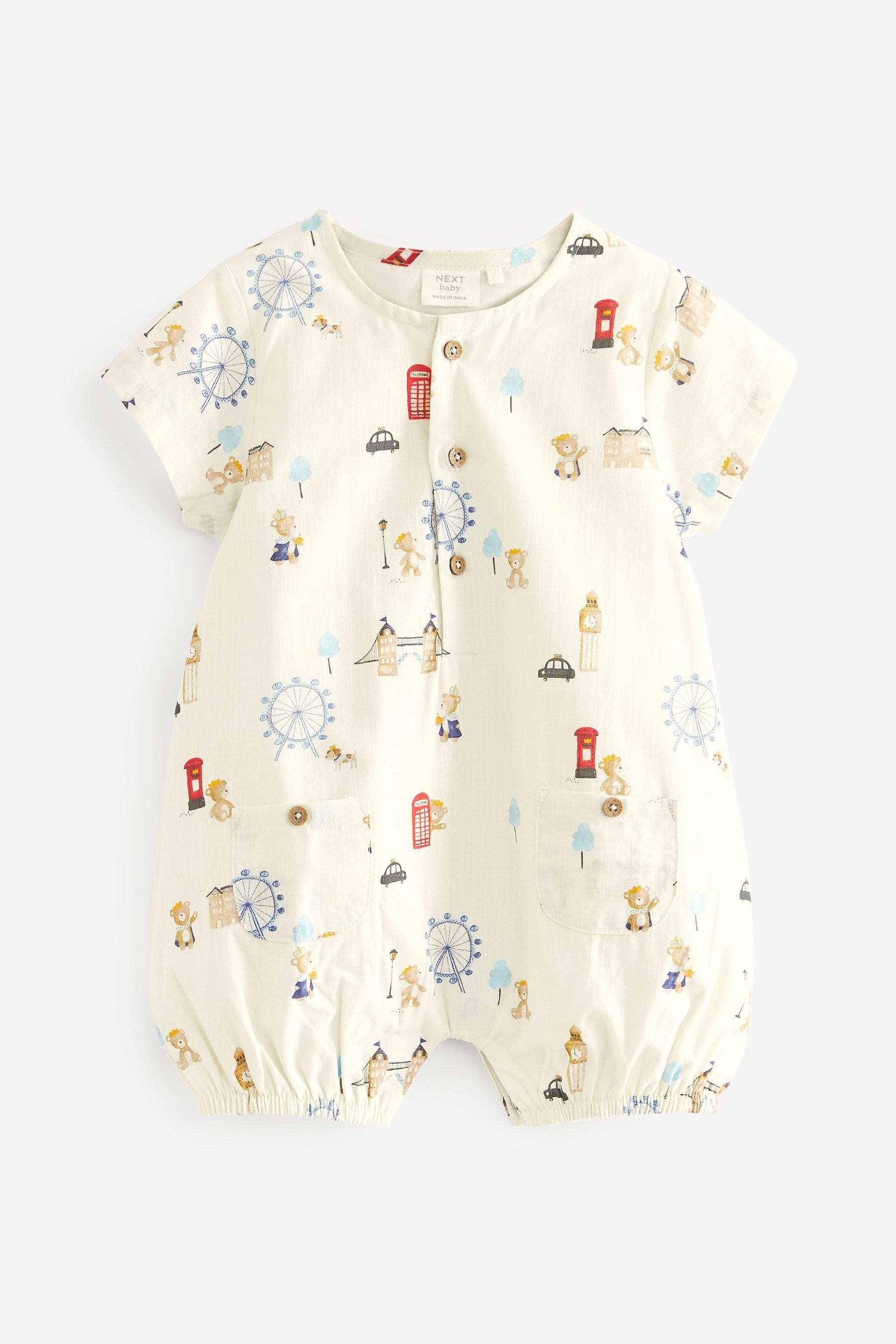 Cream 2 Piece Woven London Print Playsuit and Hat (0mths-2yrs)