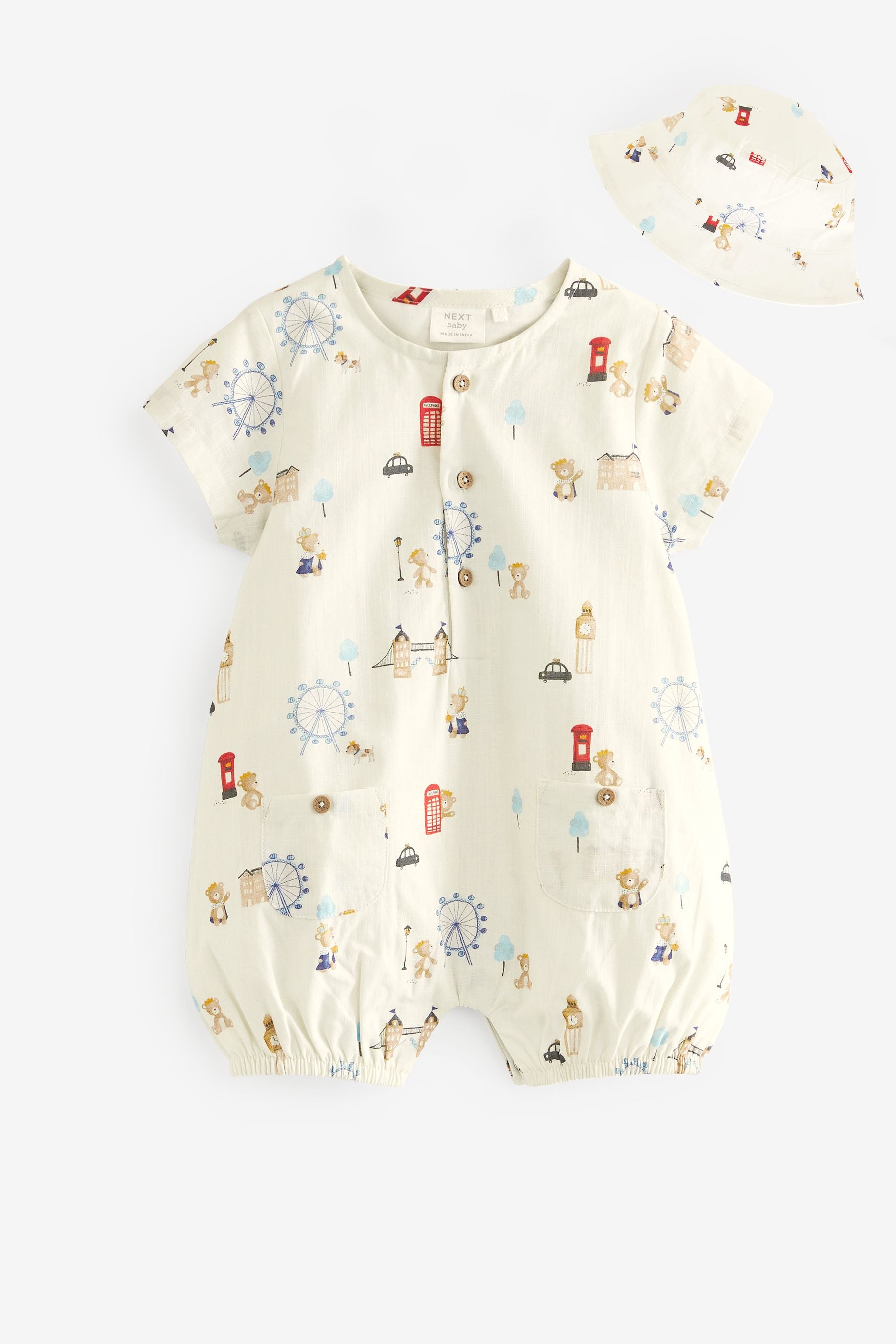 Cream 2 Piece Woven London Print Playsuit and Hat (0mths-2yrs)