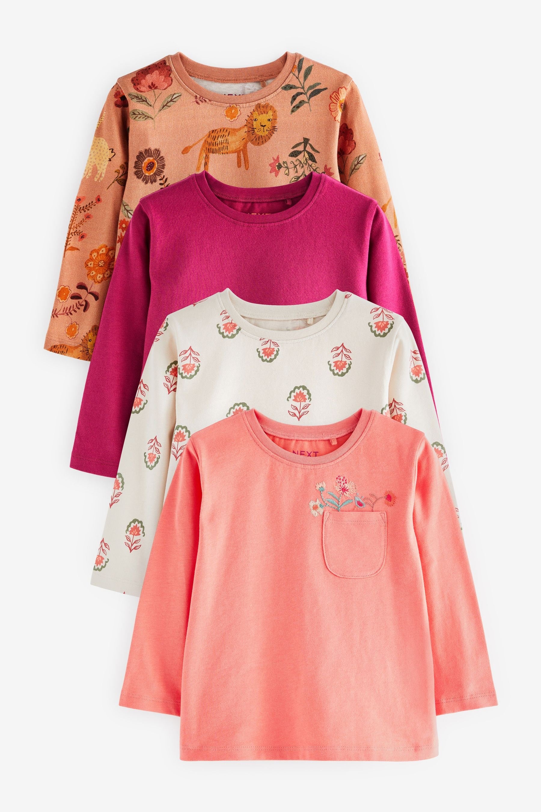 Pink Floral Long Sleeve Cotton T-Shirts 4 Pack (3mths-7yrs)