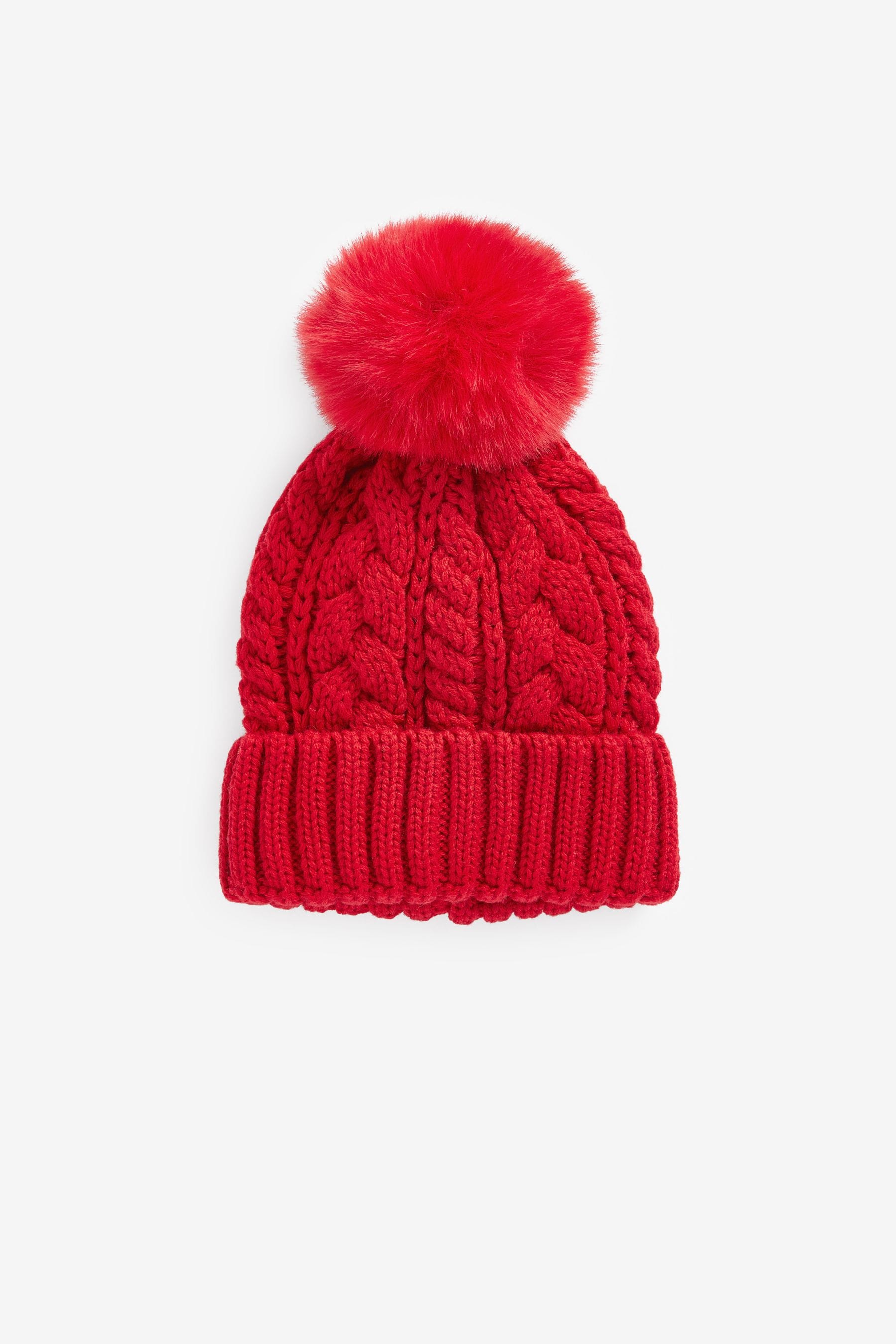 Red Cable Knit Pom Pom Beanie Hat (3mths-16yrs)