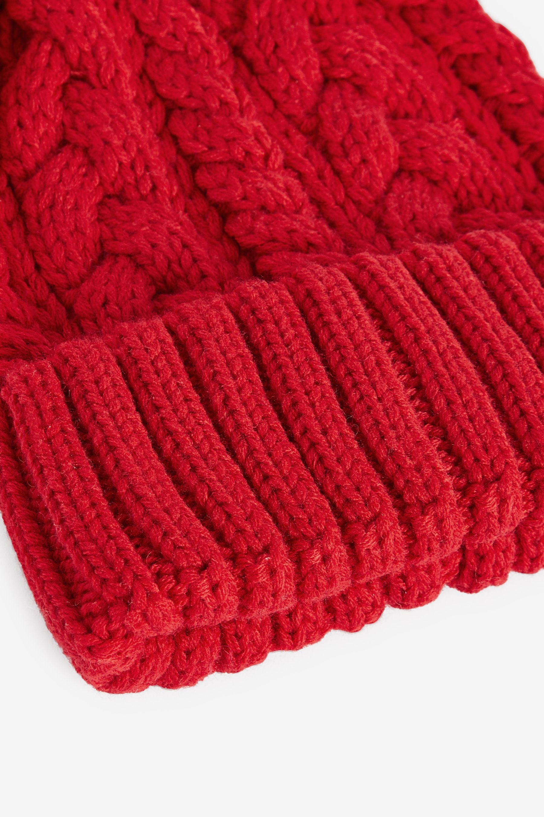 Red Cable Knit Pom Pom Beanie Hat (3mths-16yrs)