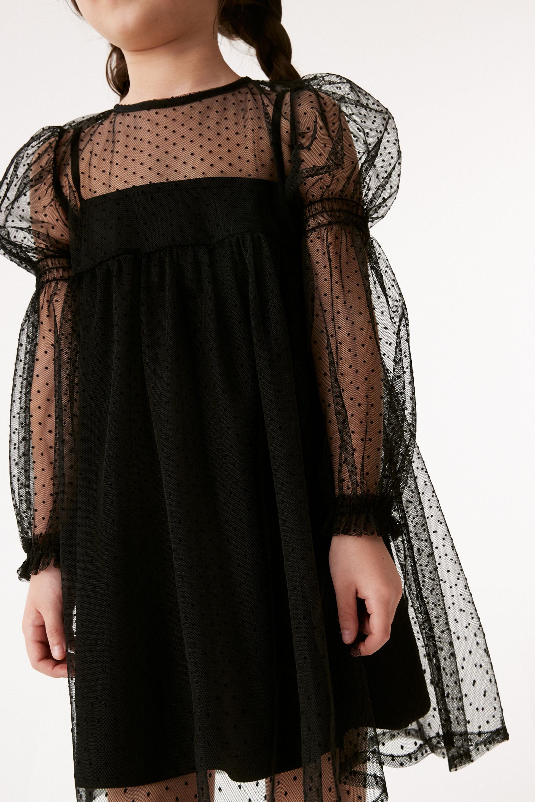 Black Shirred Mesh Dress (3-16yrs)