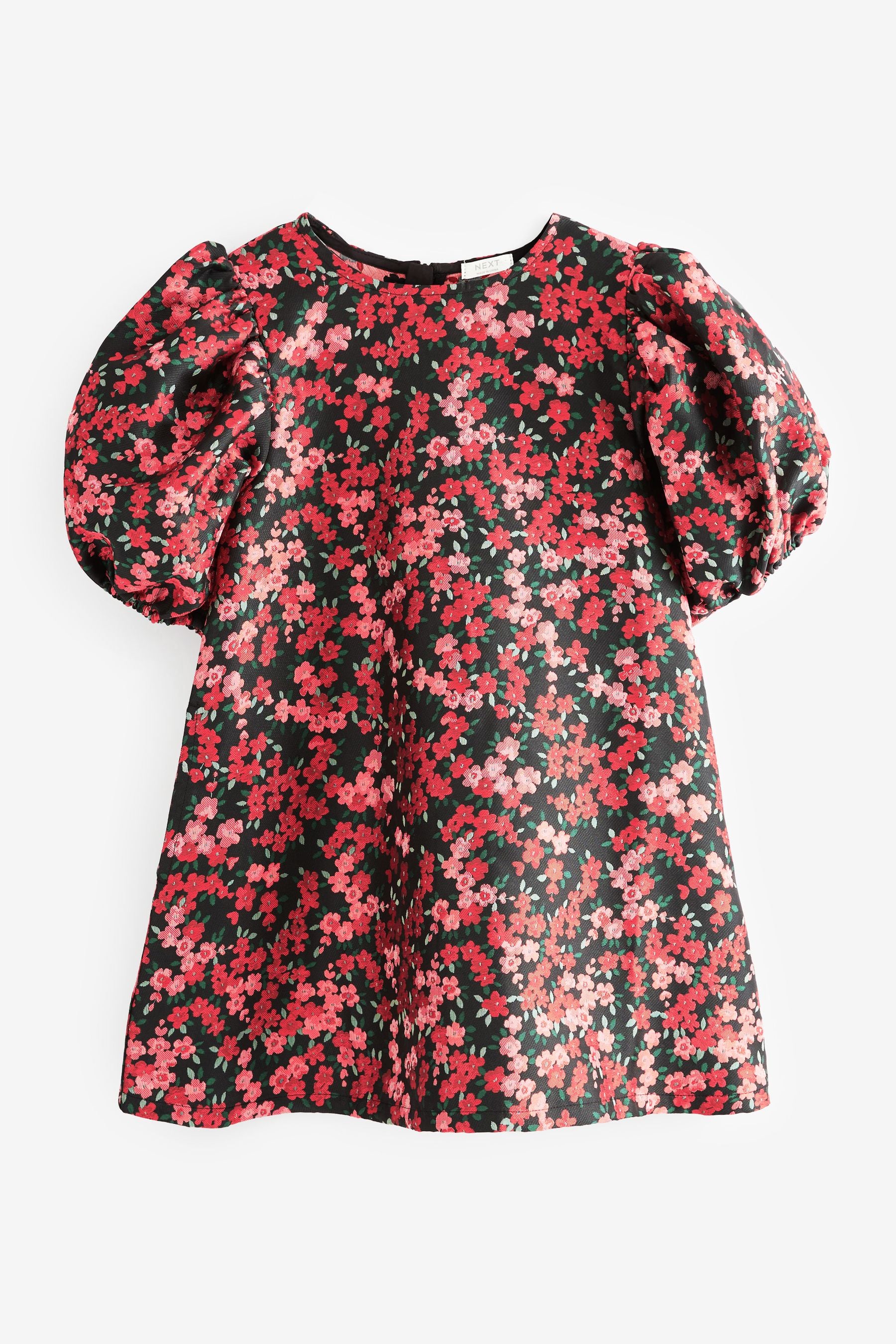 Red Floral Puff Sleeve Jacquard Dress (3-16yrs)