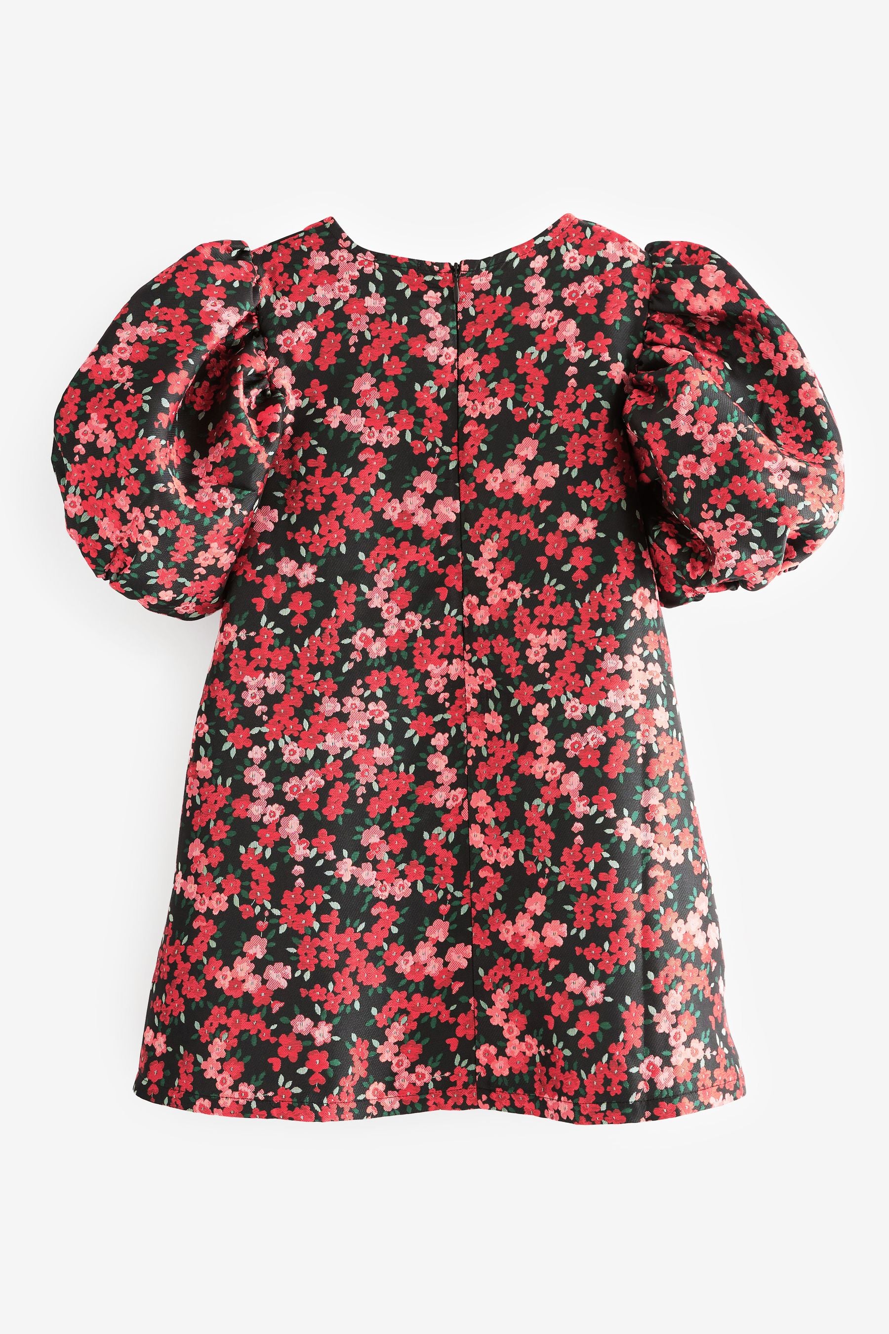 Red Floral Puff Sleeve Jacquard Dress (3-16yrs)