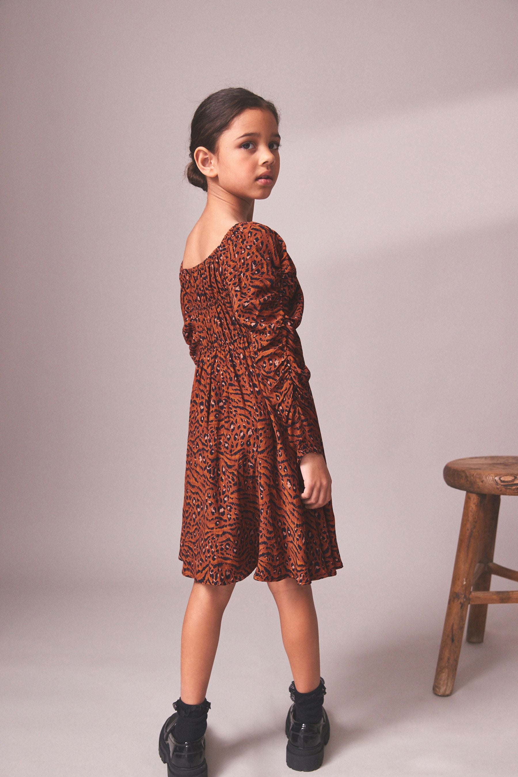 Animal Printed Ruched Sleeve Dress (3-16yrs)