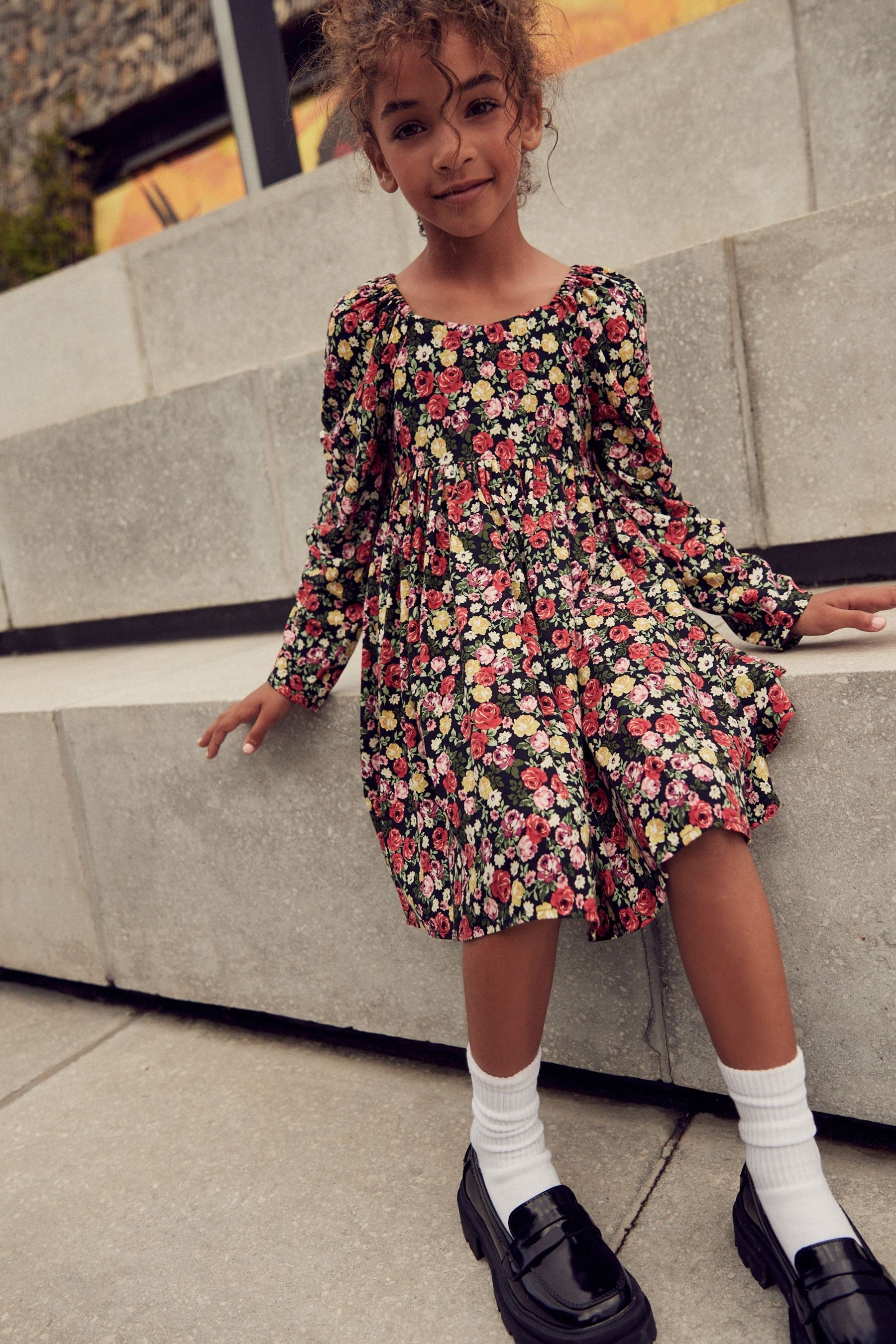 Black Floral Printed Ruched Sleeve Dress (3-16yrs)