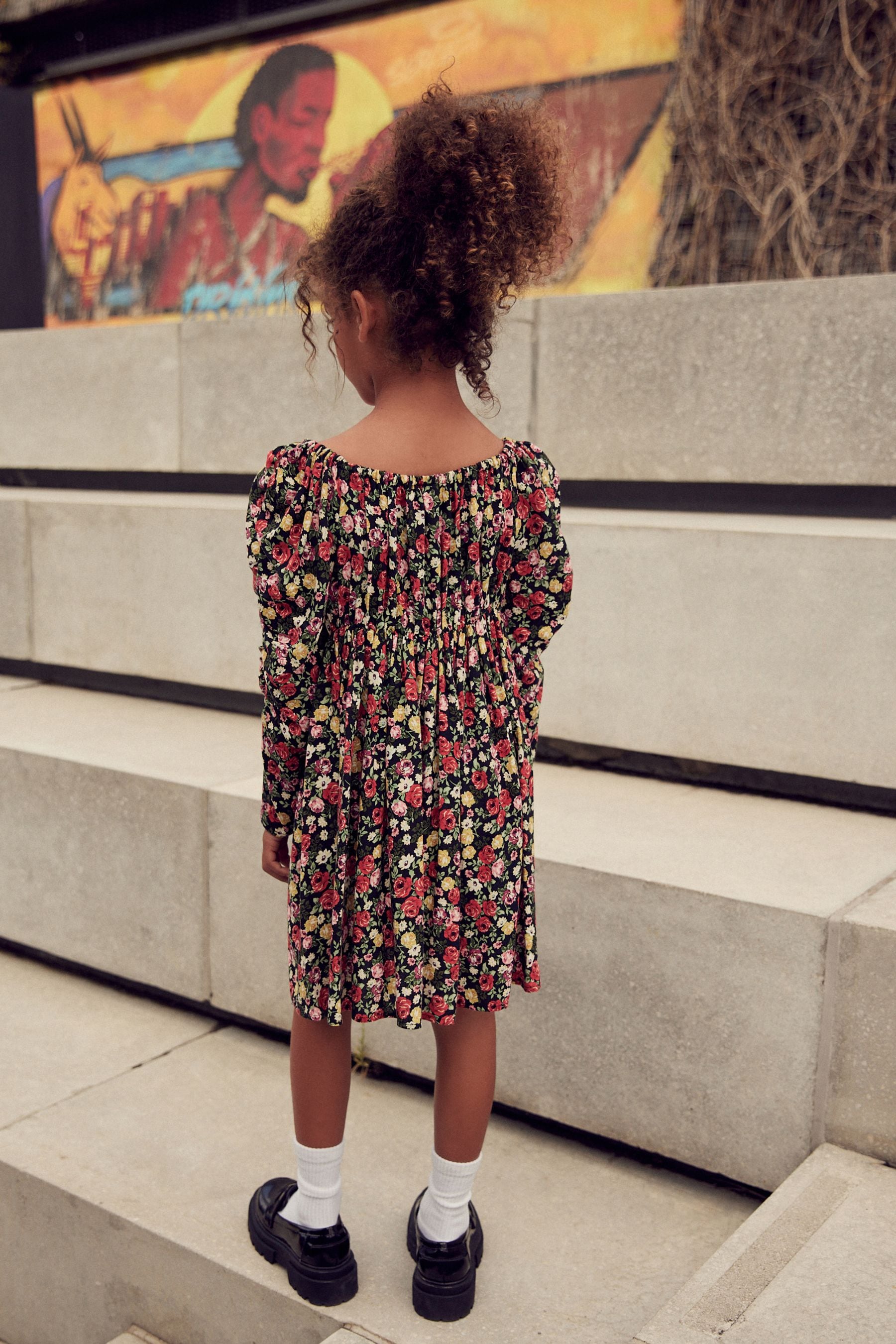 Black Floral Printed Ruched Sleeve Dress (3-16yrs)