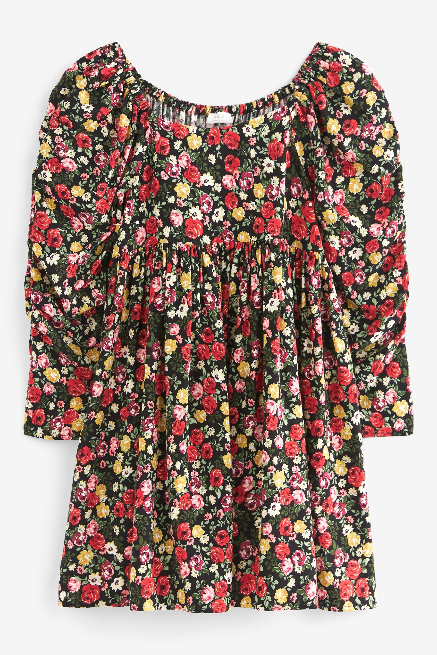 Black Floral Printed Ruched Sleeve Dress (3-16yrs)