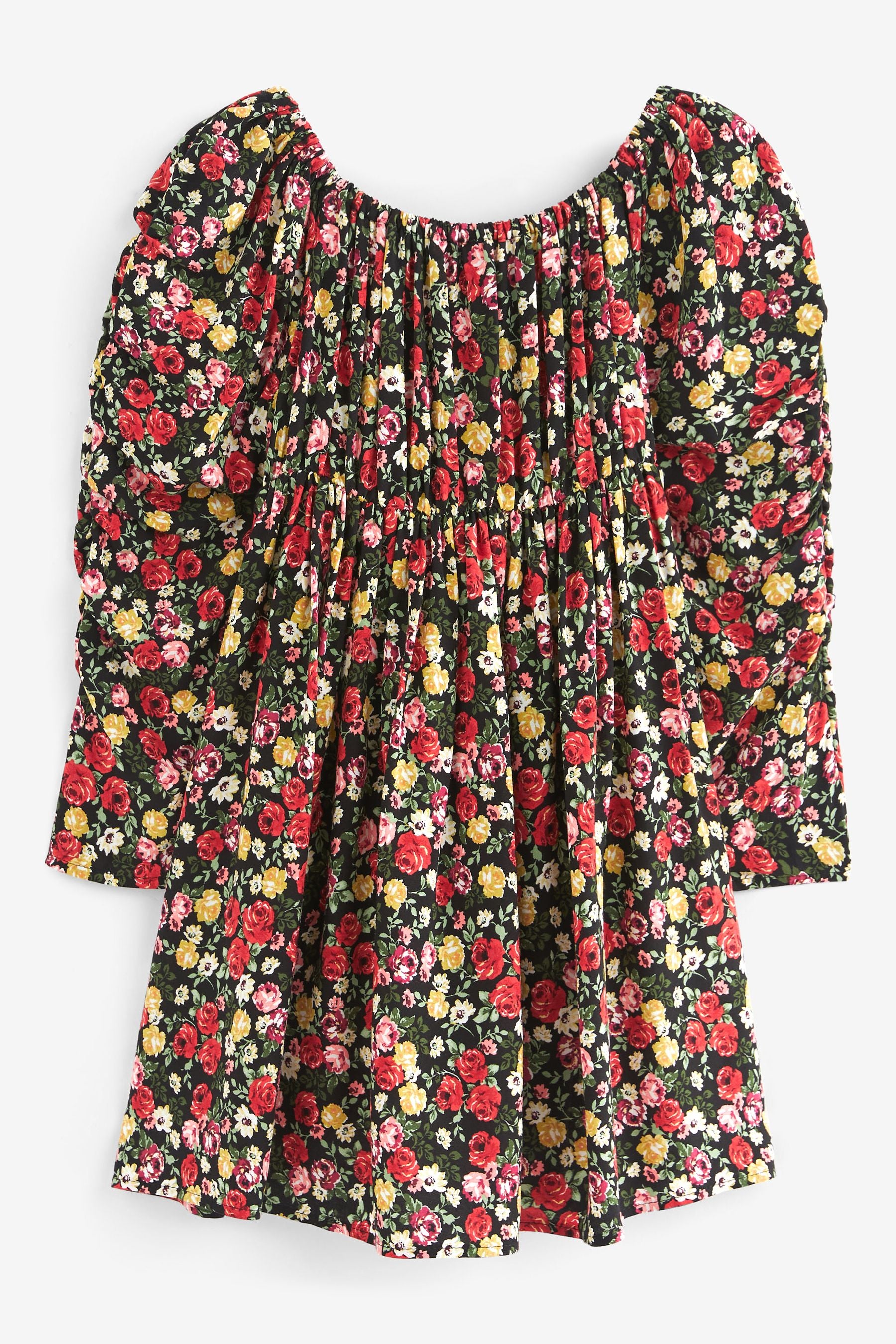 Black Floral Printed Ruched Sleeve Dress (3-16yrs)