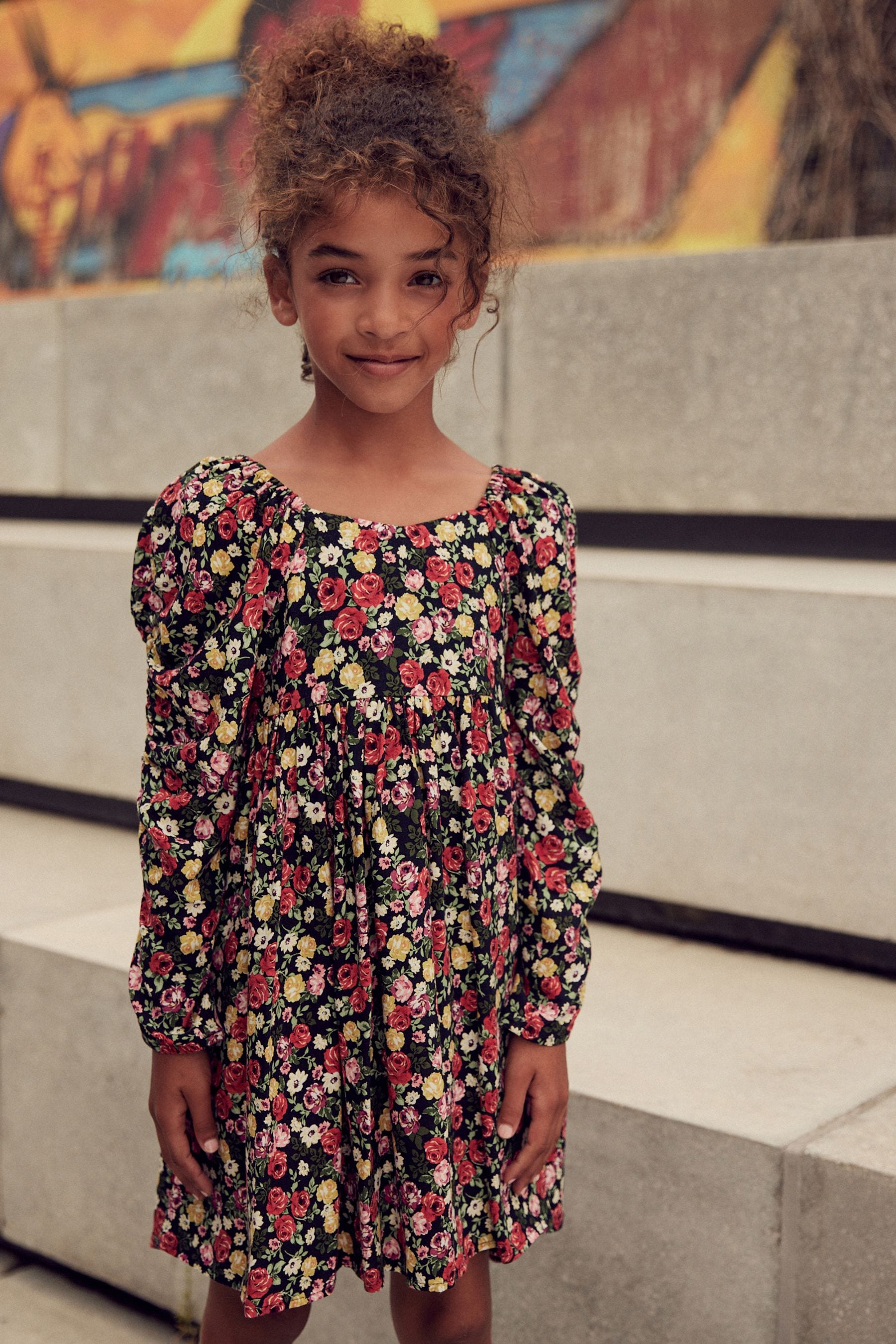 Black Floral Printed Ruched Sleeve Dress (3-16yrs)