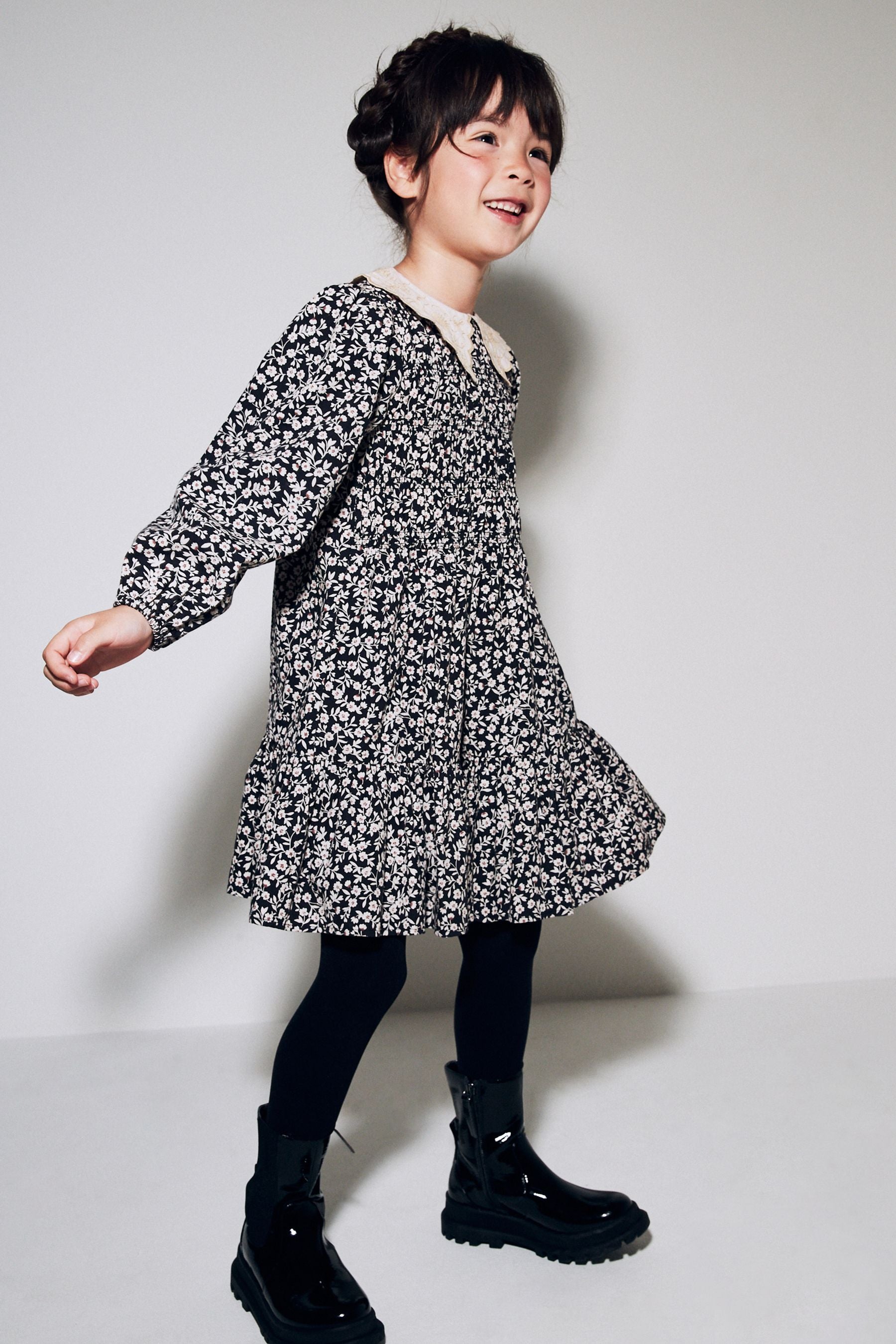 Black/Ecru Cream Floral Embroidered Collar Dress (3-16yrs)