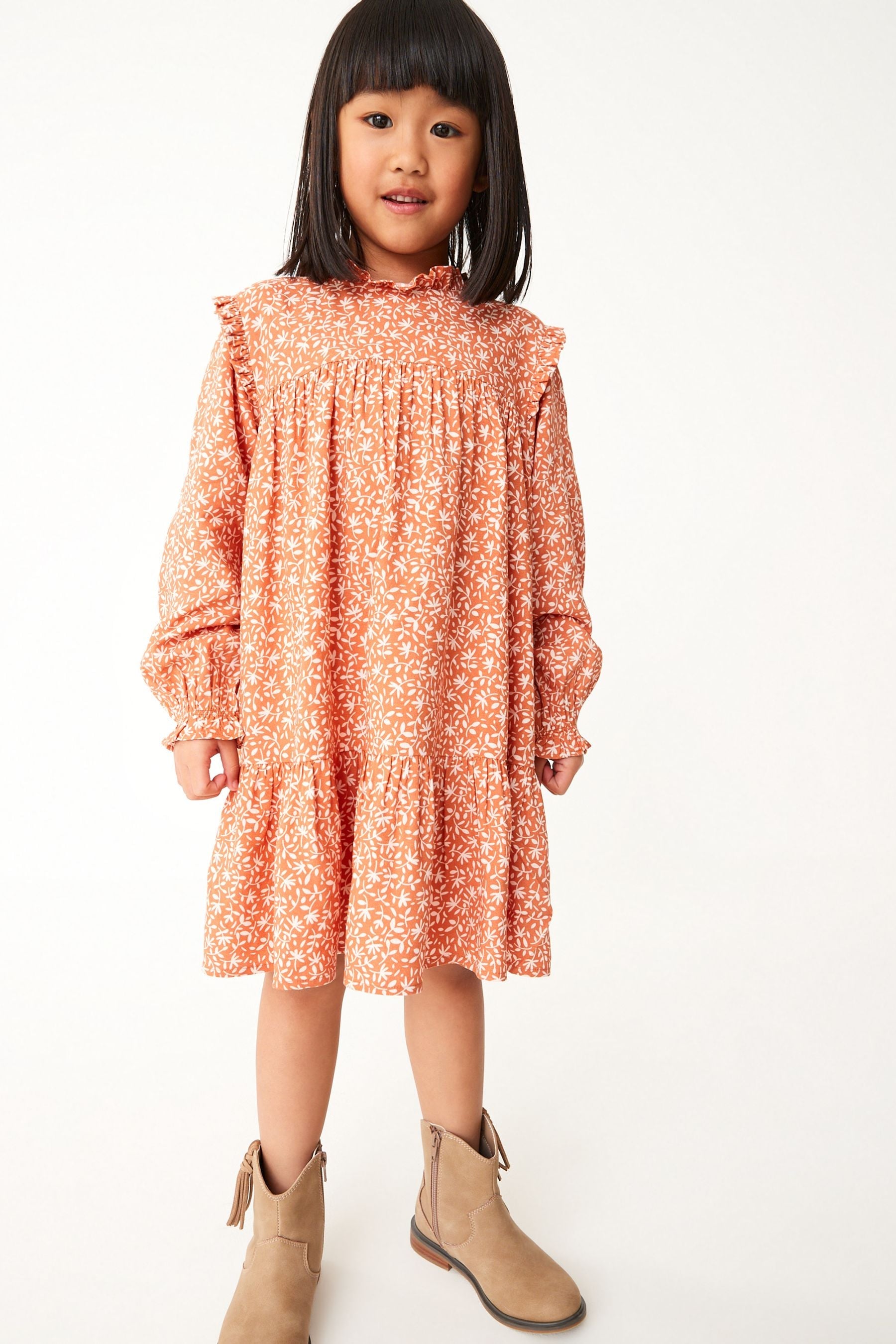 Soft Orange Ditsy Print High Neck Long Sleeve Dress (12mths-16yrs)