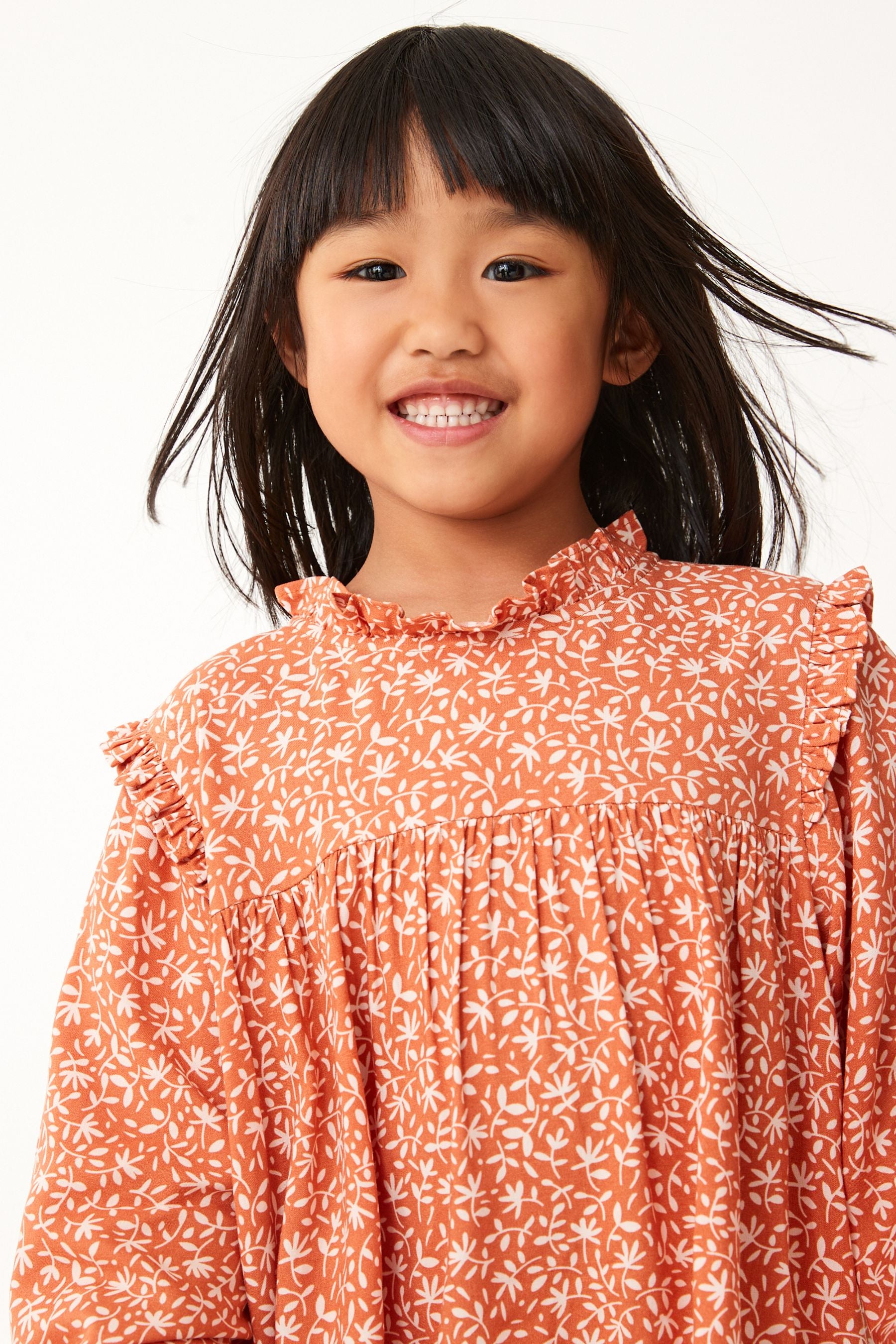 Soft Orange Ditsy Print High Neck Long Sleeve Dress (12mths-16yrs)