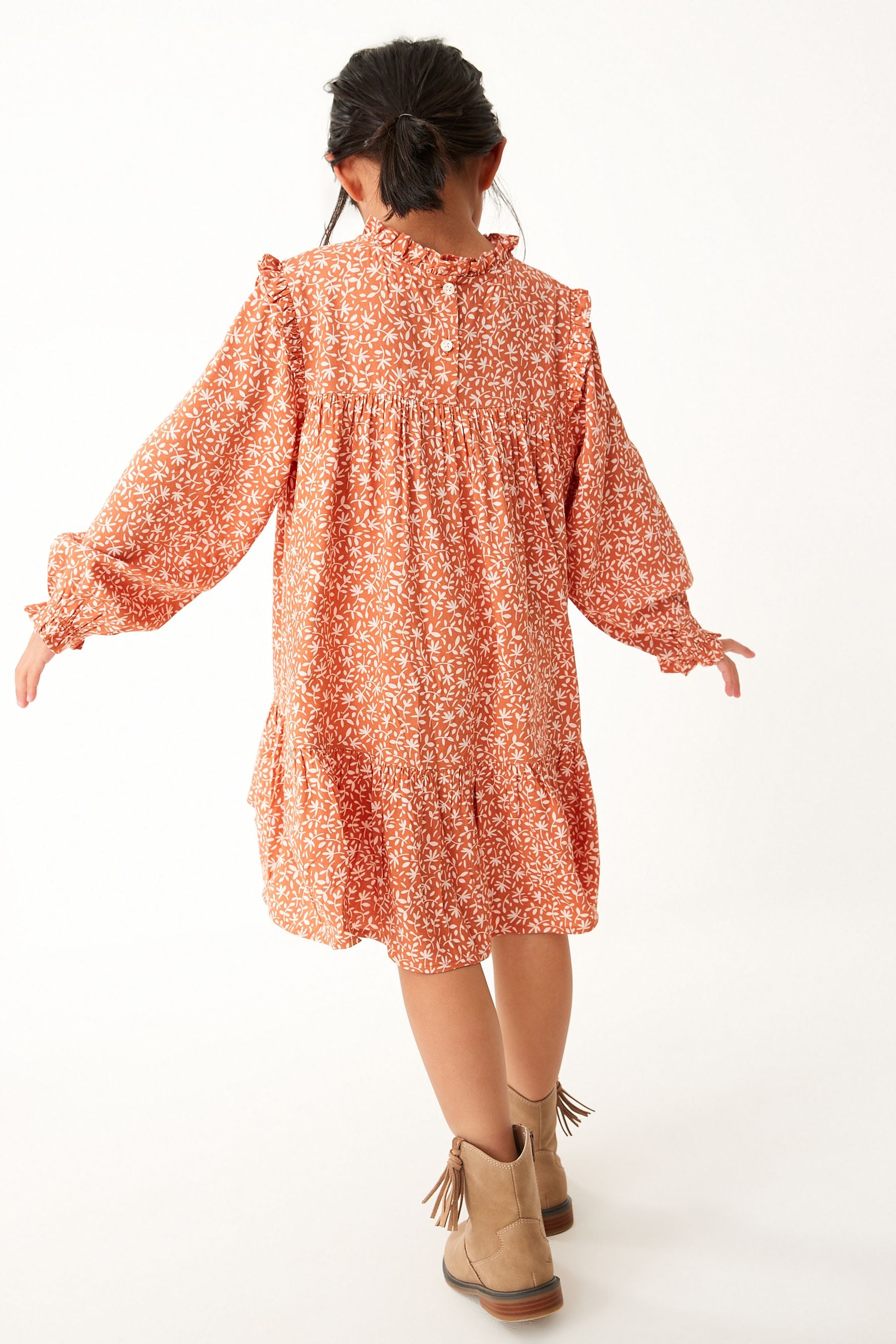 Soft Orange Ditsy Print High Neck Long Sleeve Dress (12mths-16yrs)