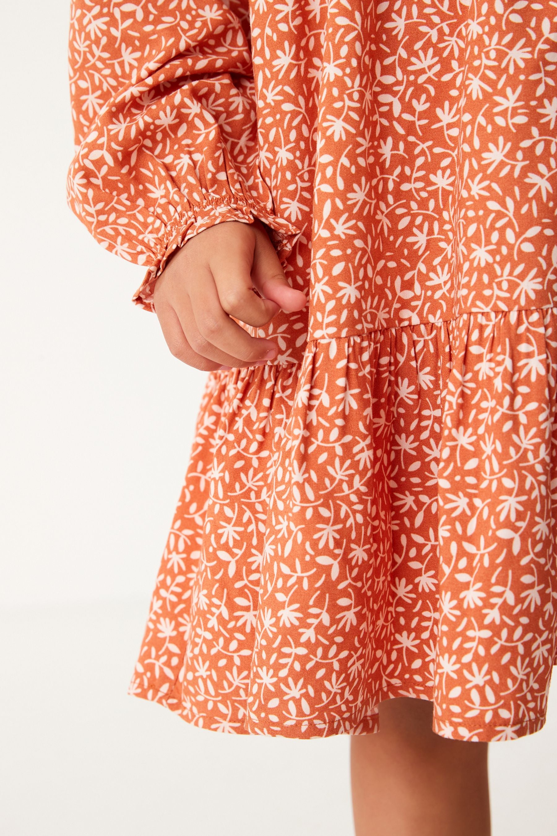 Soft Orange Ditsy Print High Neck Long Sleeve Dress (12mths-16yrs)