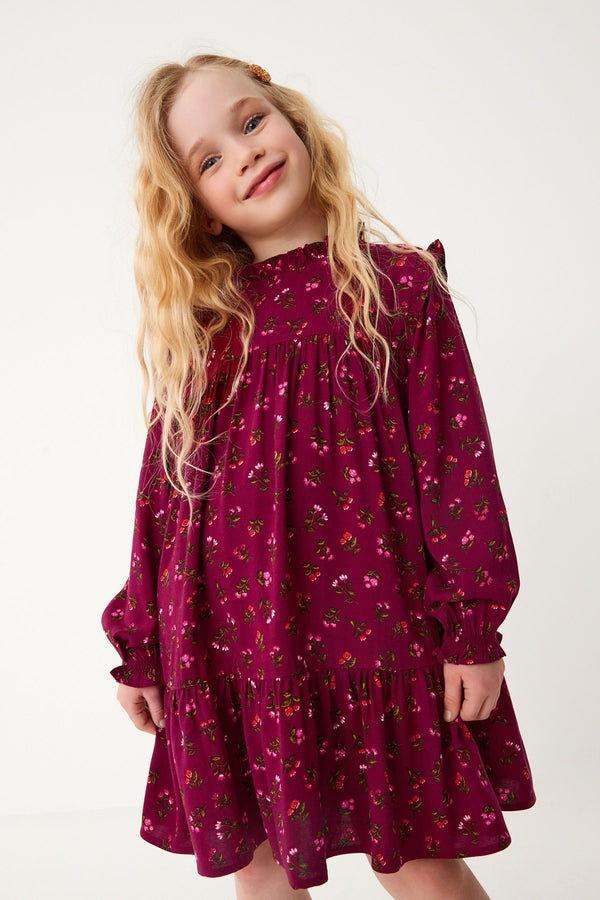 Berry Red Ditsy Print High Neck Long Sleeve Dress (12mths-16yrs)