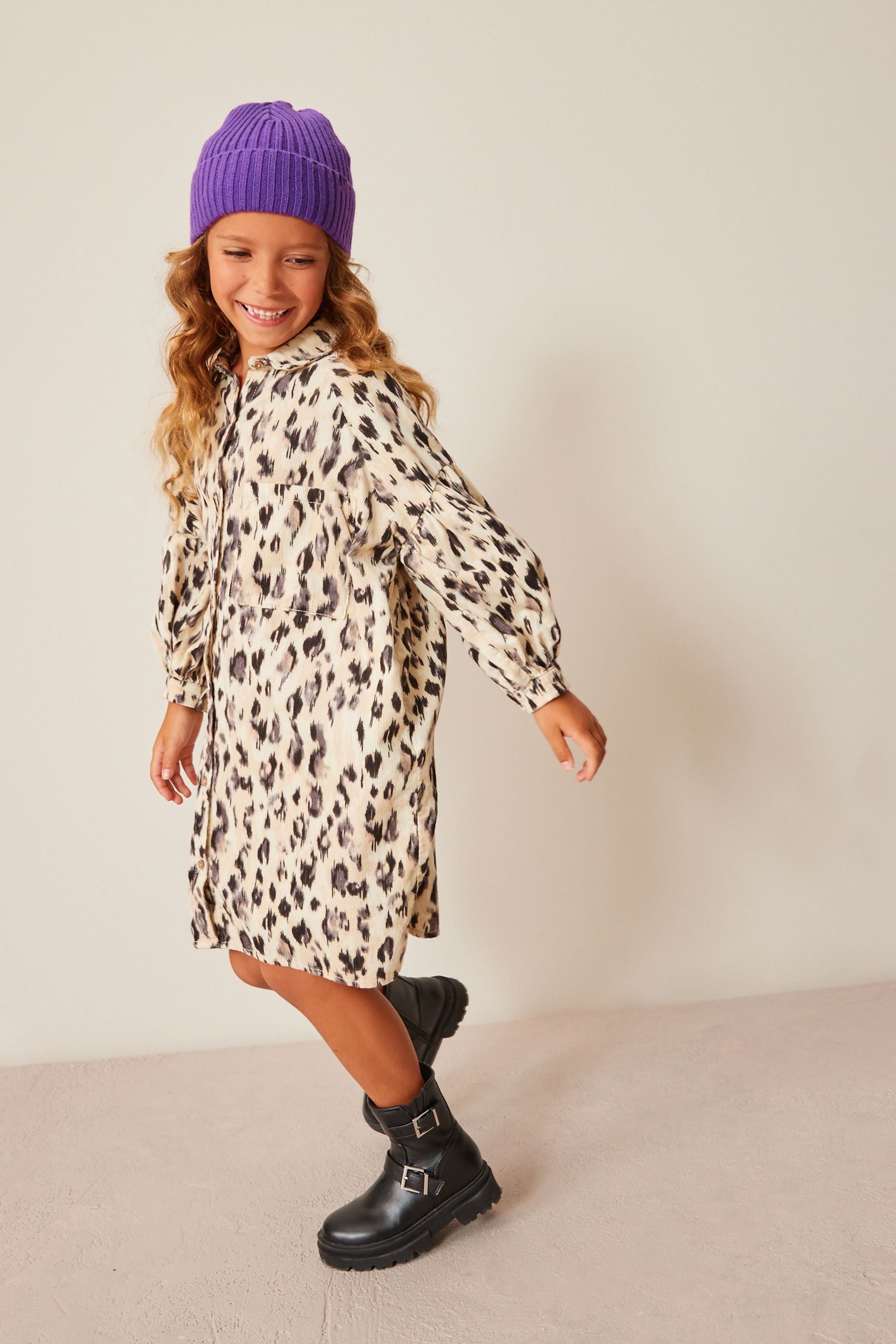 Animal Print Corduroy Shirt Dress (3-16yrs)