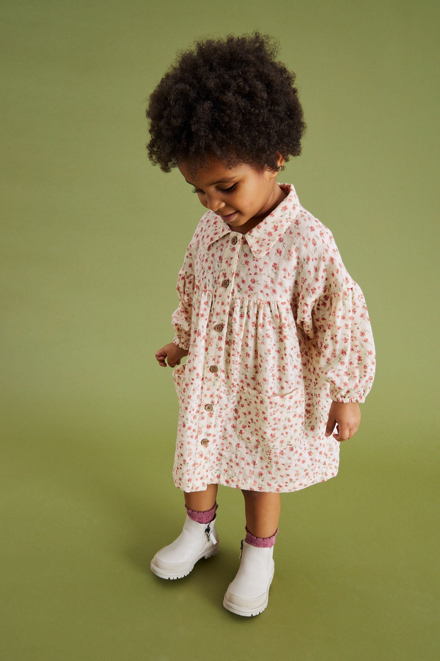 Ivory/Pink Ditsy Cotton Shirt Dress (3mths-8yrs)