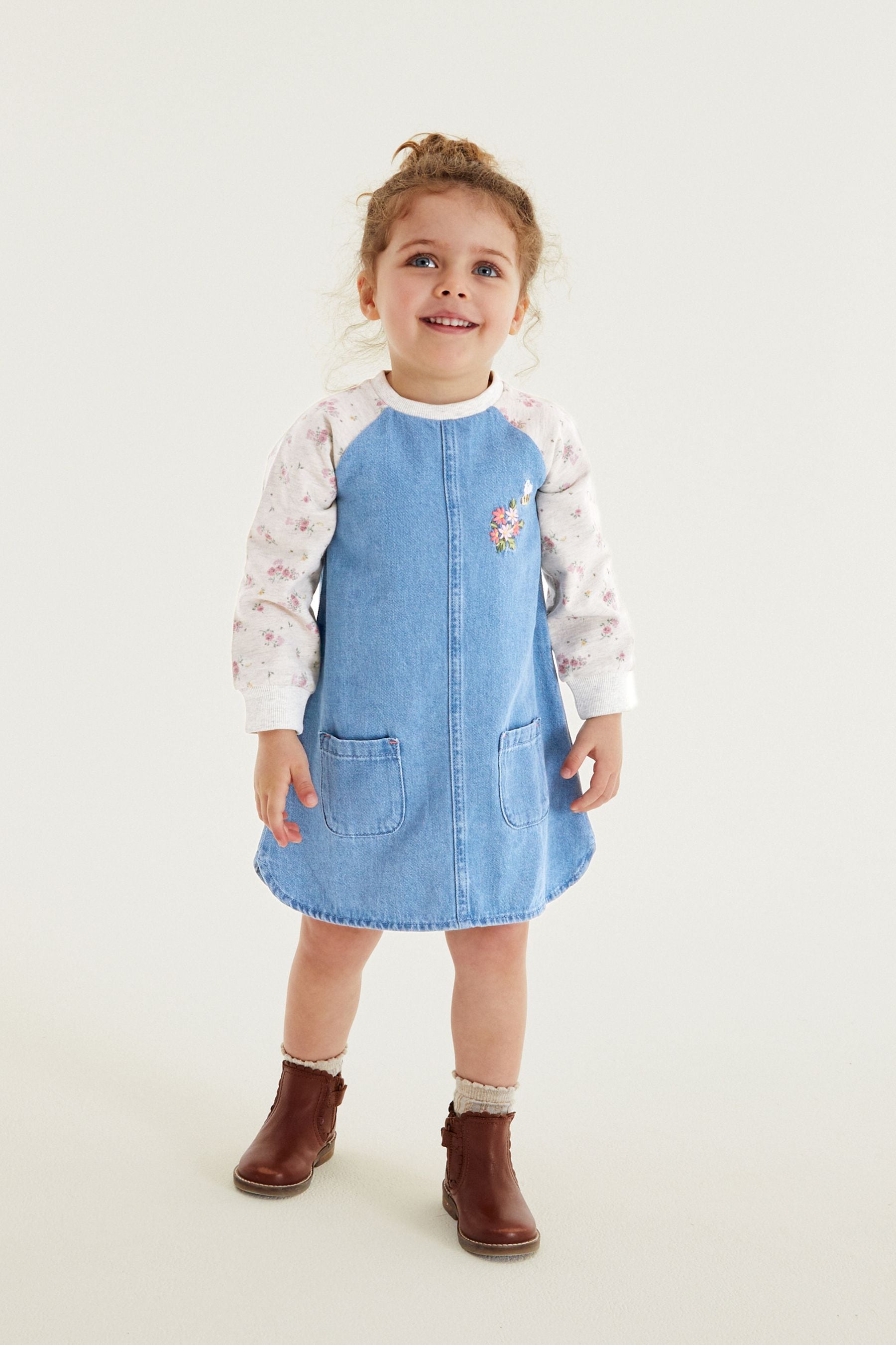 Pink Ditsy Print Raglan Denim Dress (3mths-8yrs)